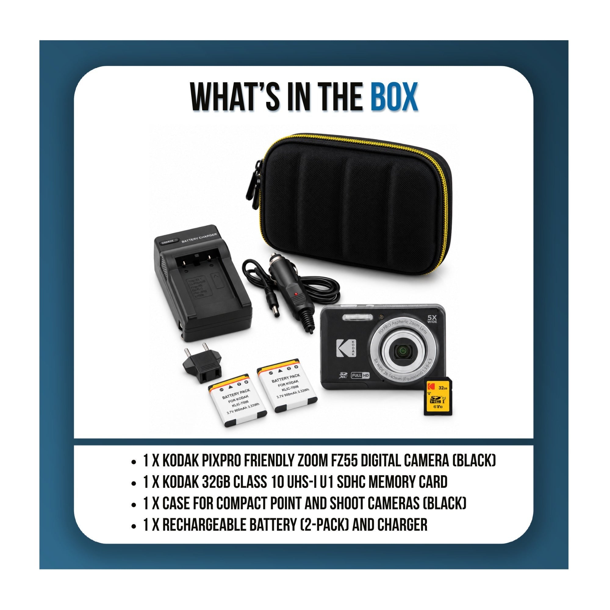 Kodak PIXPRO Friendly Zoom FZ55 Digital Camera (Black) Bundle with Case, Memory Card and Accessories