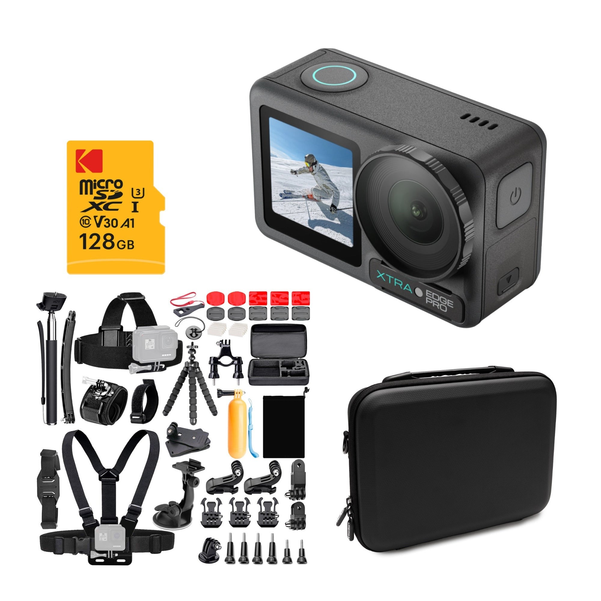 Xtra Edge Action Camera with 128GB MicroSD, Accessory Kit and Case Bundle