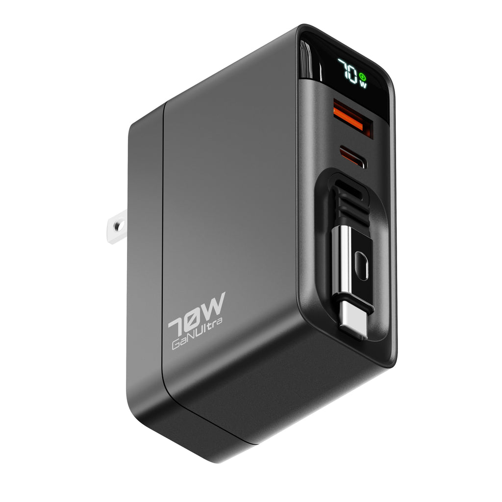 ReelCharge 70W Wall Charger with Retractable USB-C (Black)