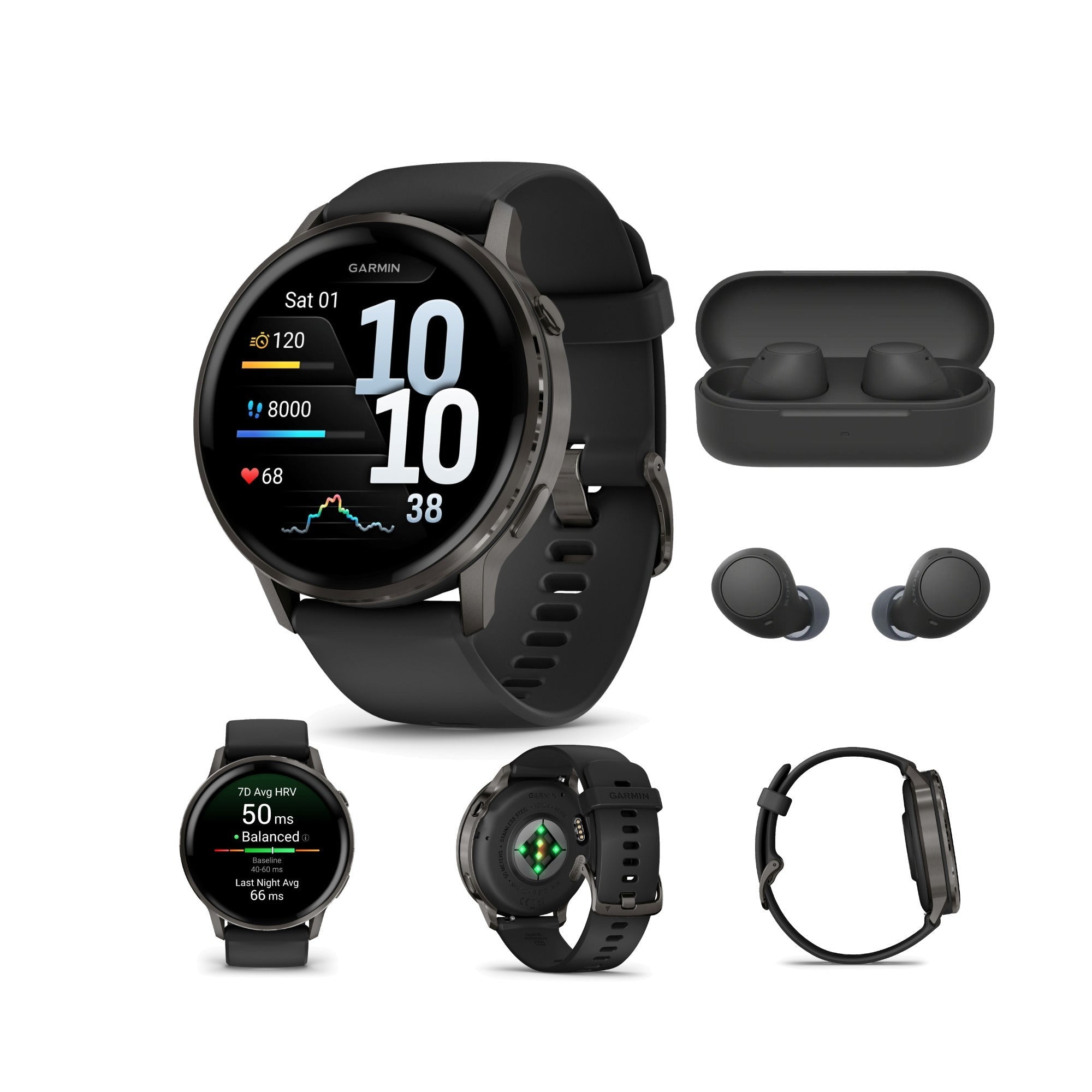 Garmin Venu 4 45mm AMOLED (Slate/Black) GPS Smartwatch with Earbuds Bundle