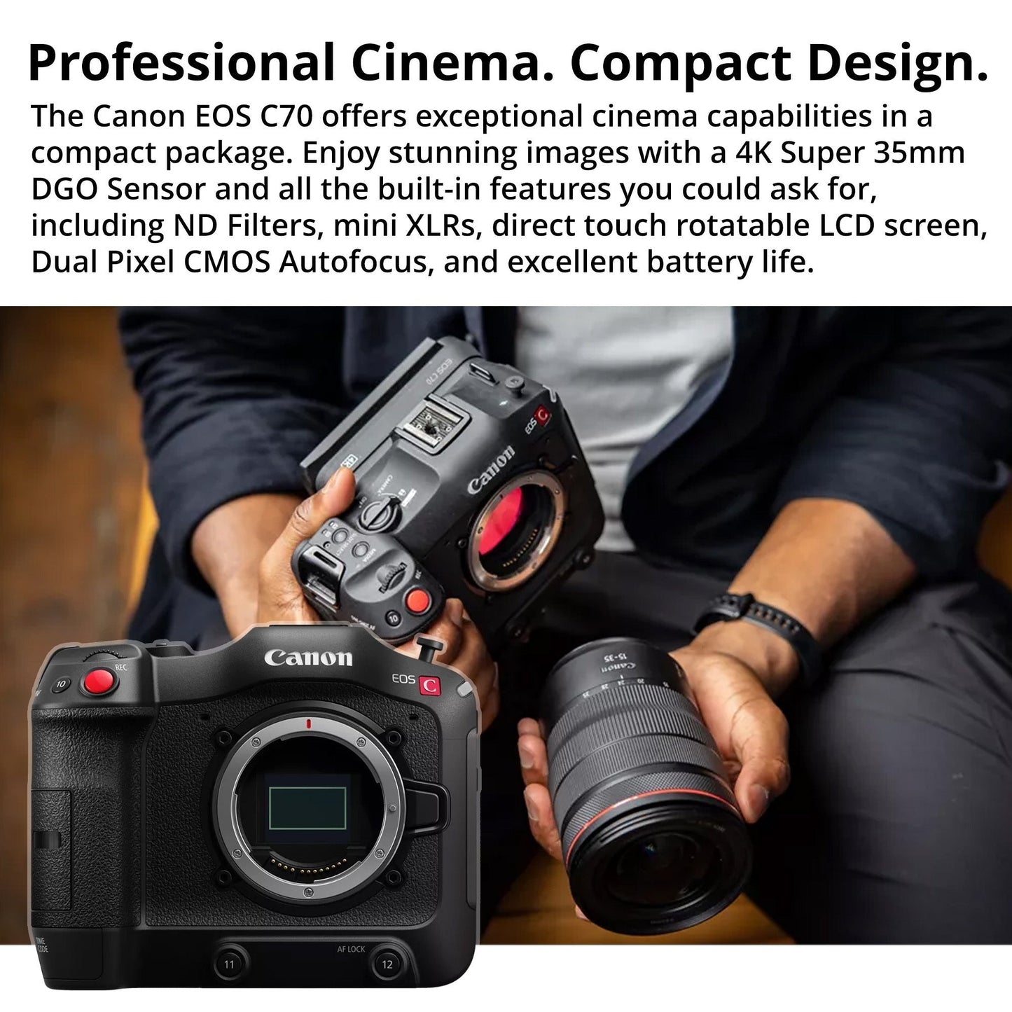 Canon EOS C70 Cinema with CN-R 85mm T1.3 L F Prime Lens & EF-EOS R 0.71x Mount Adapter Bundle