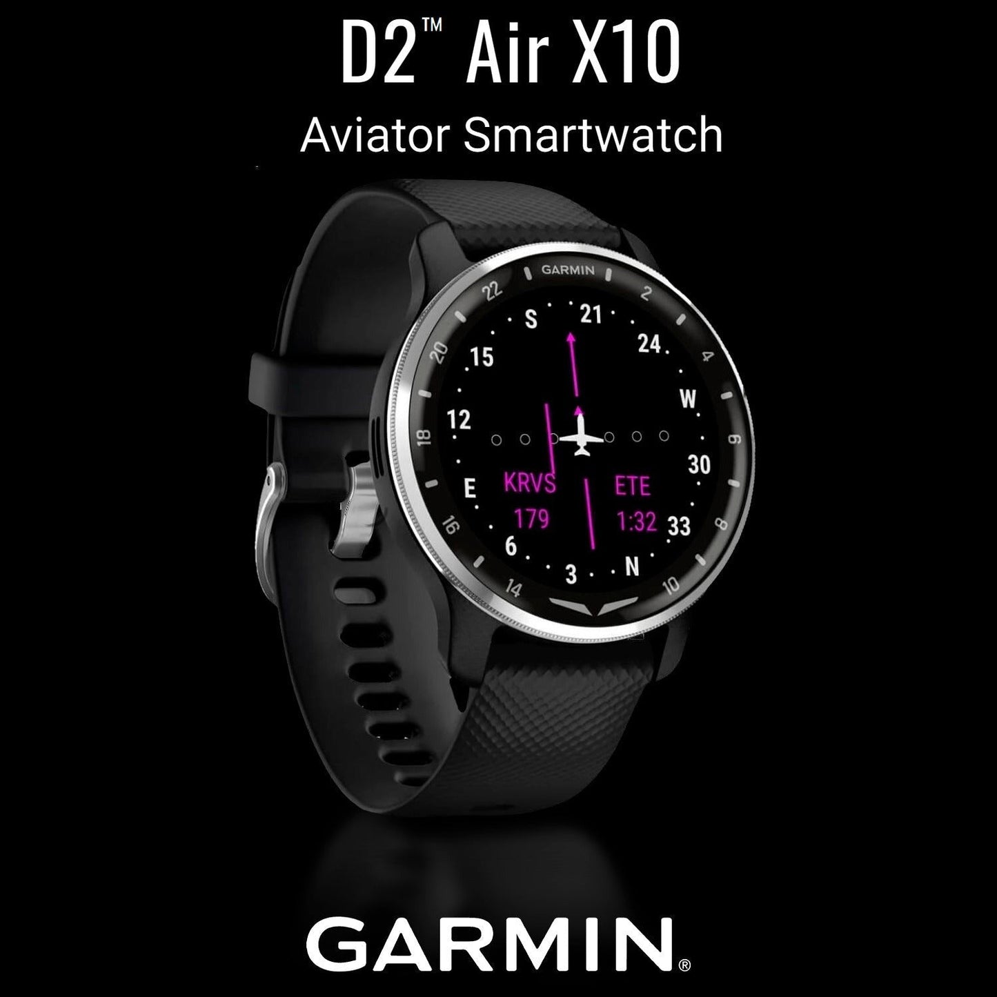 Garmin D2 Air X10 Touchscreen Aviator Smartwatch with Health and Fitness Features (Black-Silver)