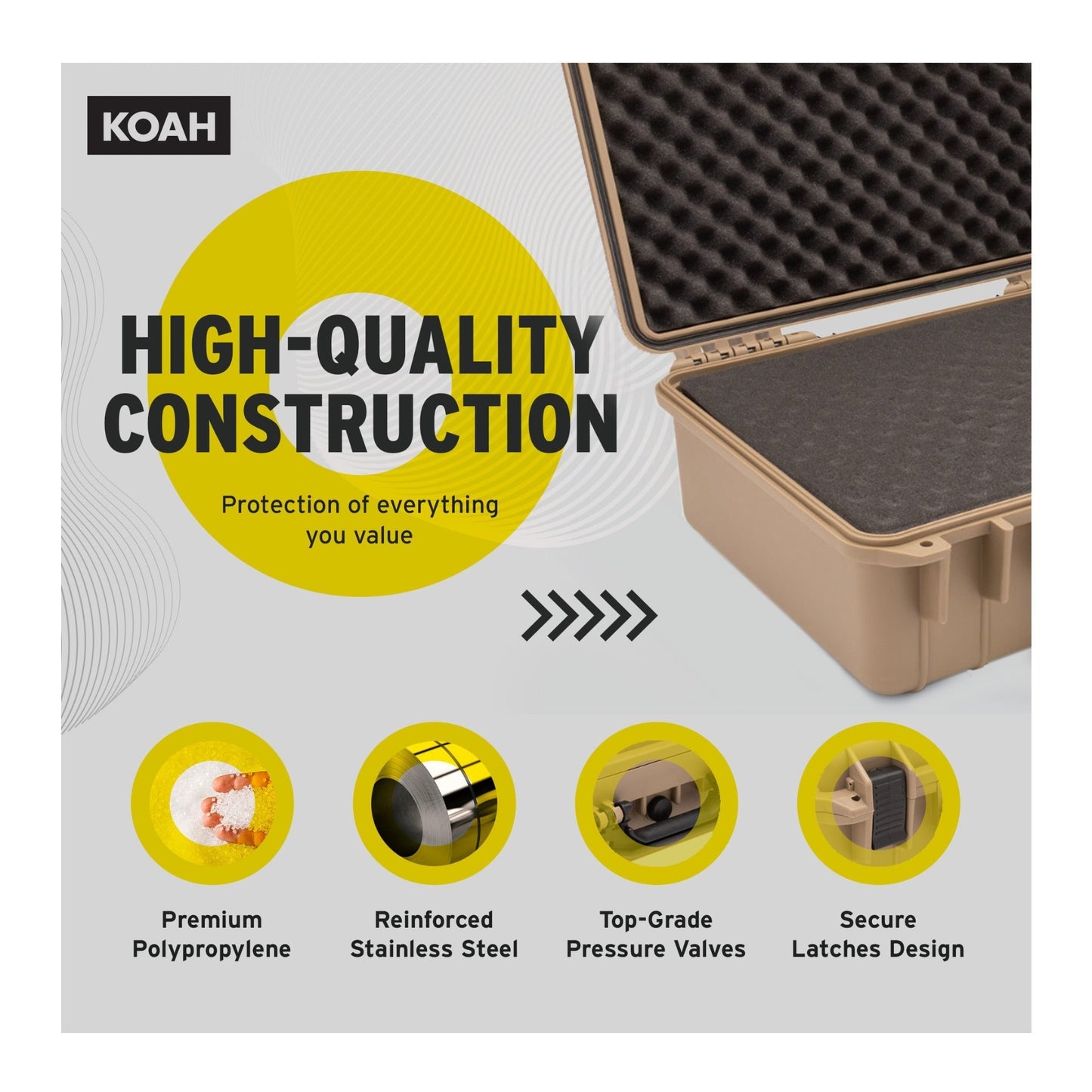 Koah Weatherproof Hard Case with Customizable Foam (18 x 14 x 7 Inch) - Tan (2-Pack)