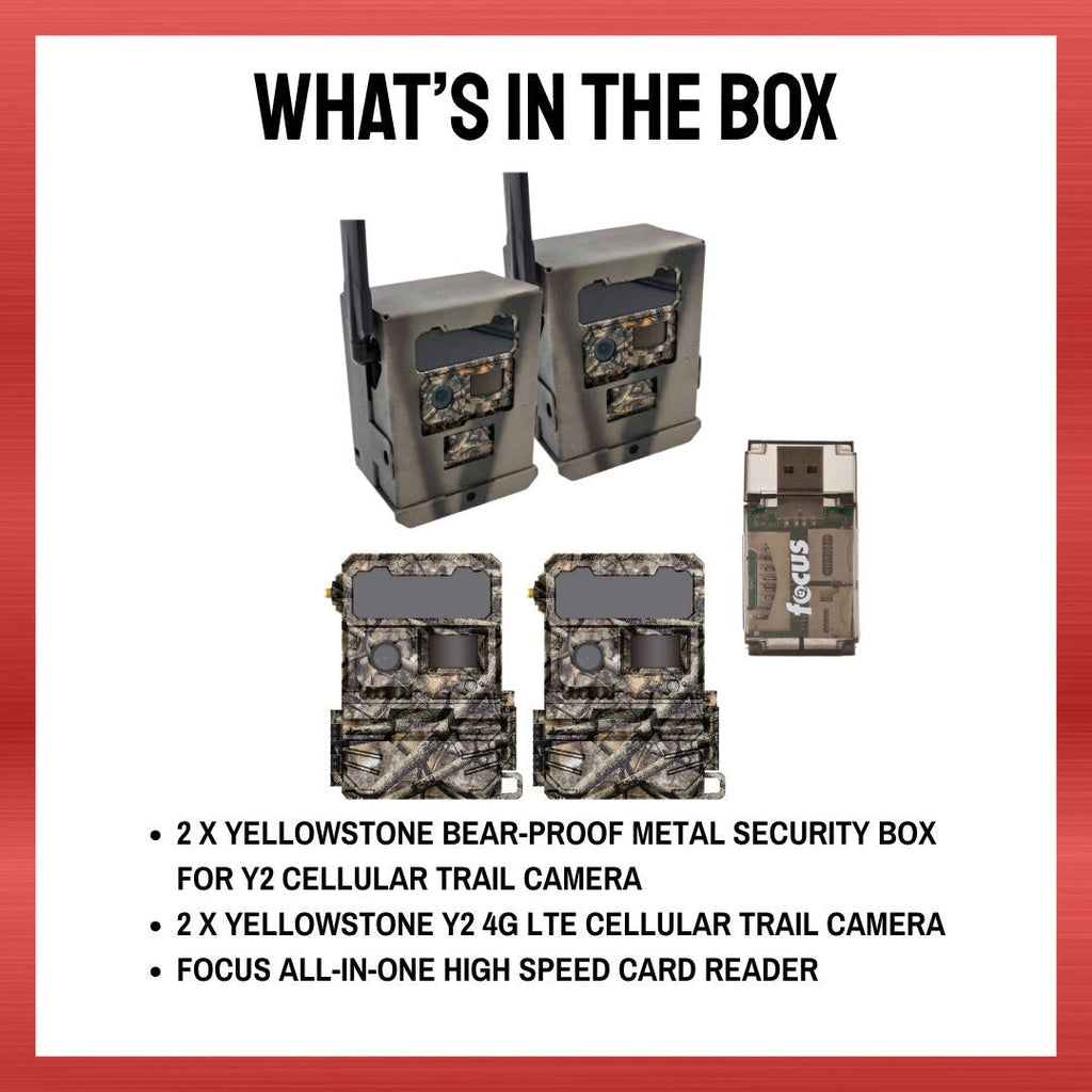 Yellowstone Y2 Cellular Trail Camera (2 Pack) with Security Box and Card Reader