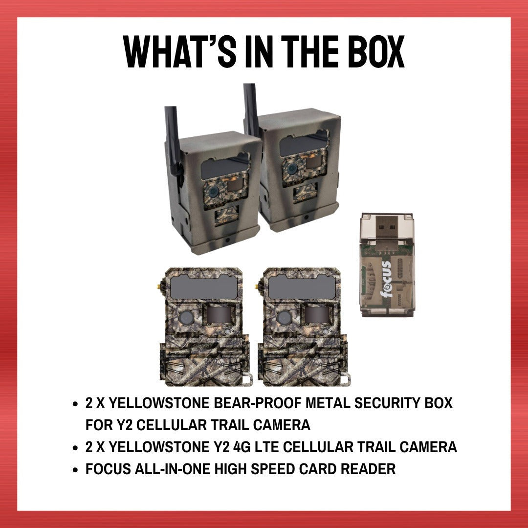 Yellowstone Y2 Cellular Trail Camera (2 Pack) with Security Box and Card Reader
