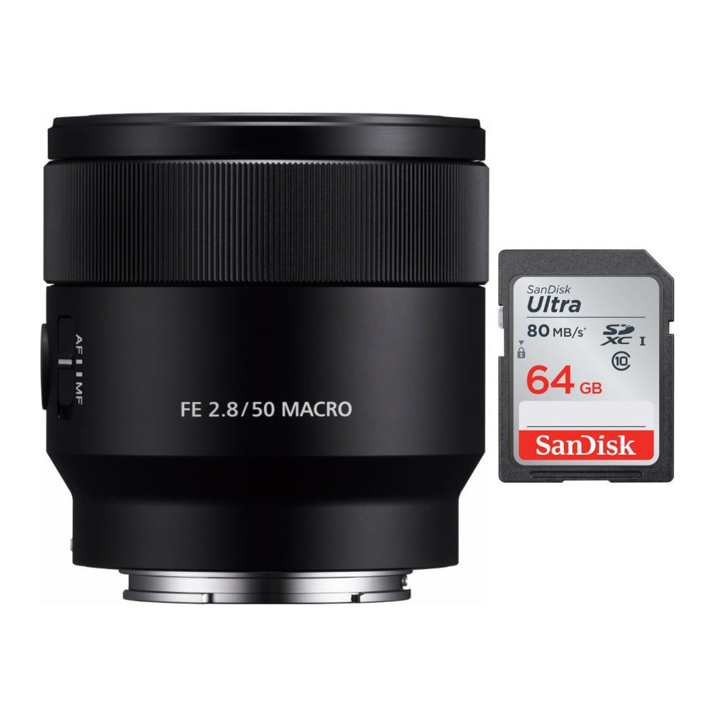 Sony SEL50M28 FE 50mm f/2.8 Macro Lens and 64GB SD Card