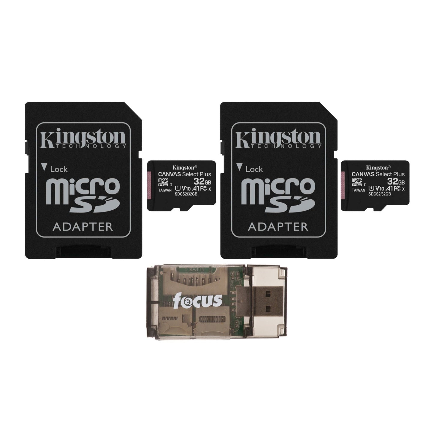 Kingston Canvas Select Plus 32GB microSDHC with SD Adapter (2-Pack) with Focus All-In-One USB Reader