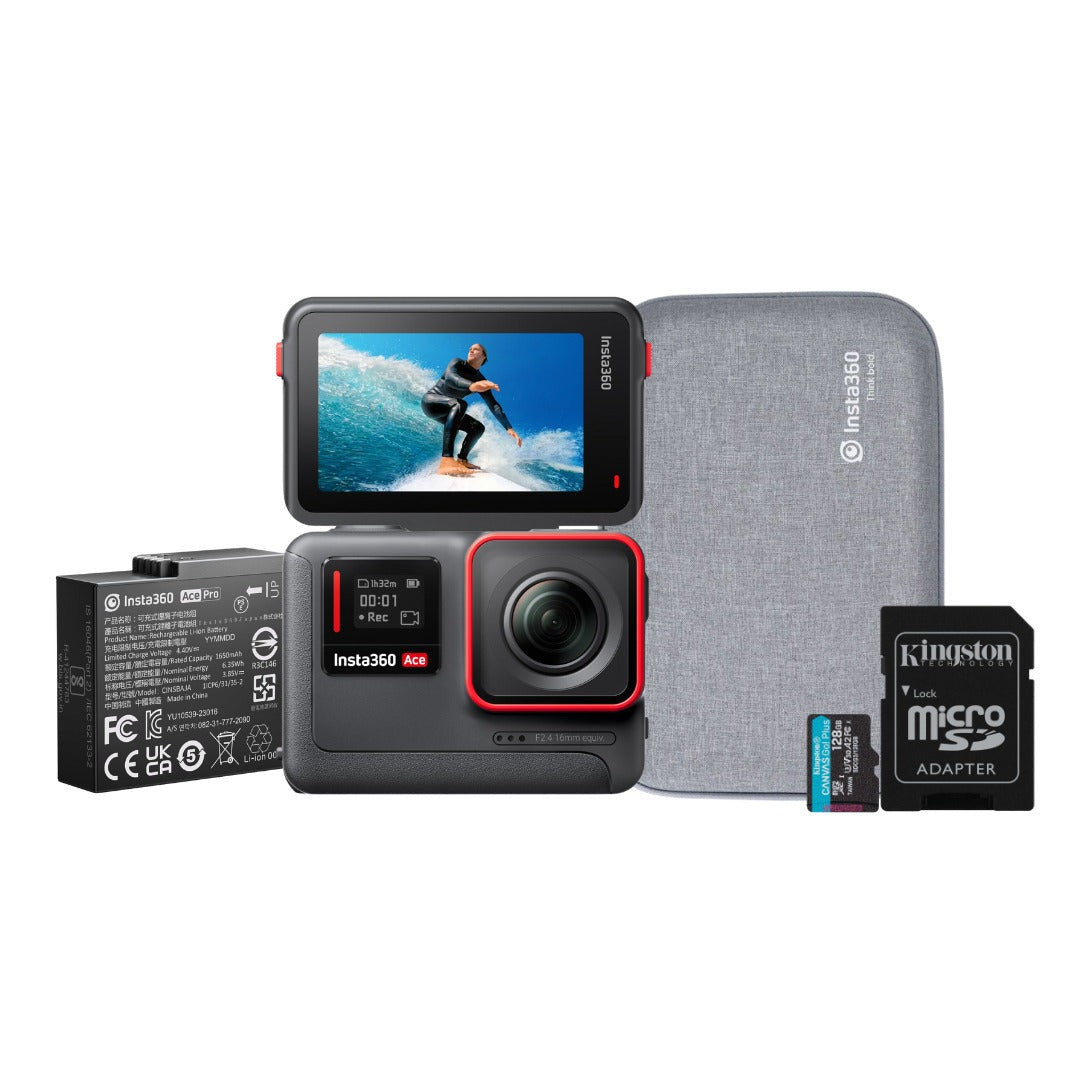 Insta360 Ace Pro Action Camera with Rechargeable Battery, Carry Case, and 128GB MicroSD Card Bundle