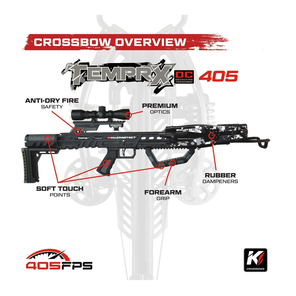 Killer Instinct Tempr-X 405 FPS Crossbow Kit with Case, Bolts, and Broadhead