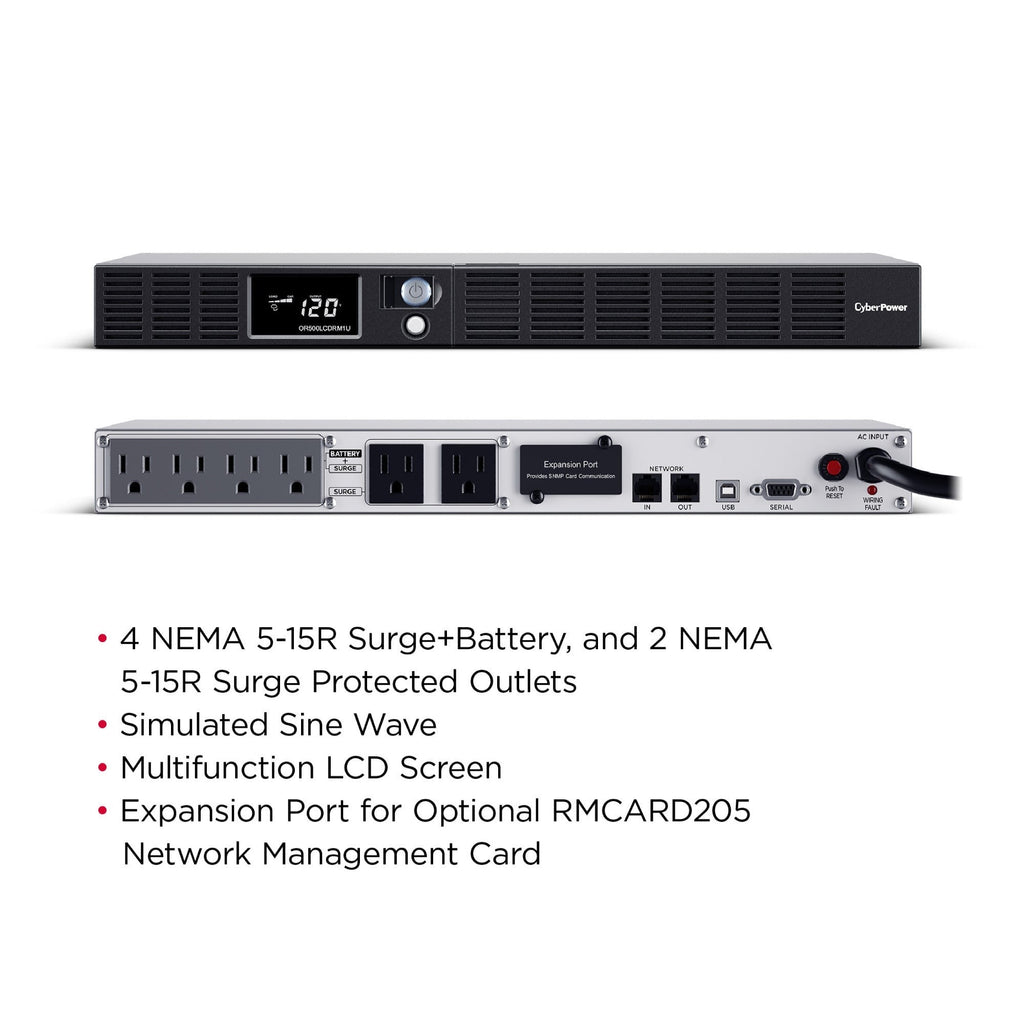 CyberPower OR500LCDRM1U UPS Backup and Surge Protector with 500VA/300W Capacity