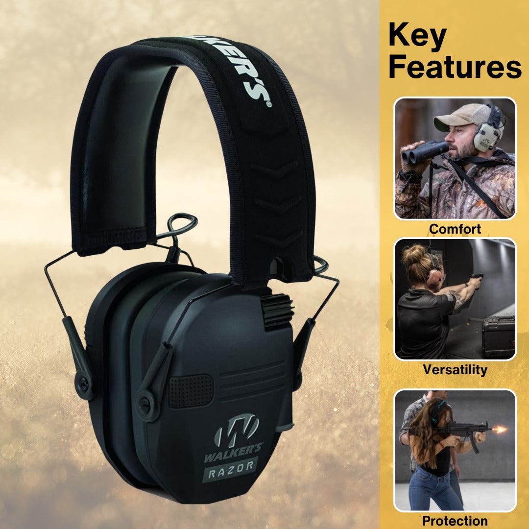 Walkers Razor Slim Electronic Muffs (Black) with Walkie Talkie Attachment Bundle