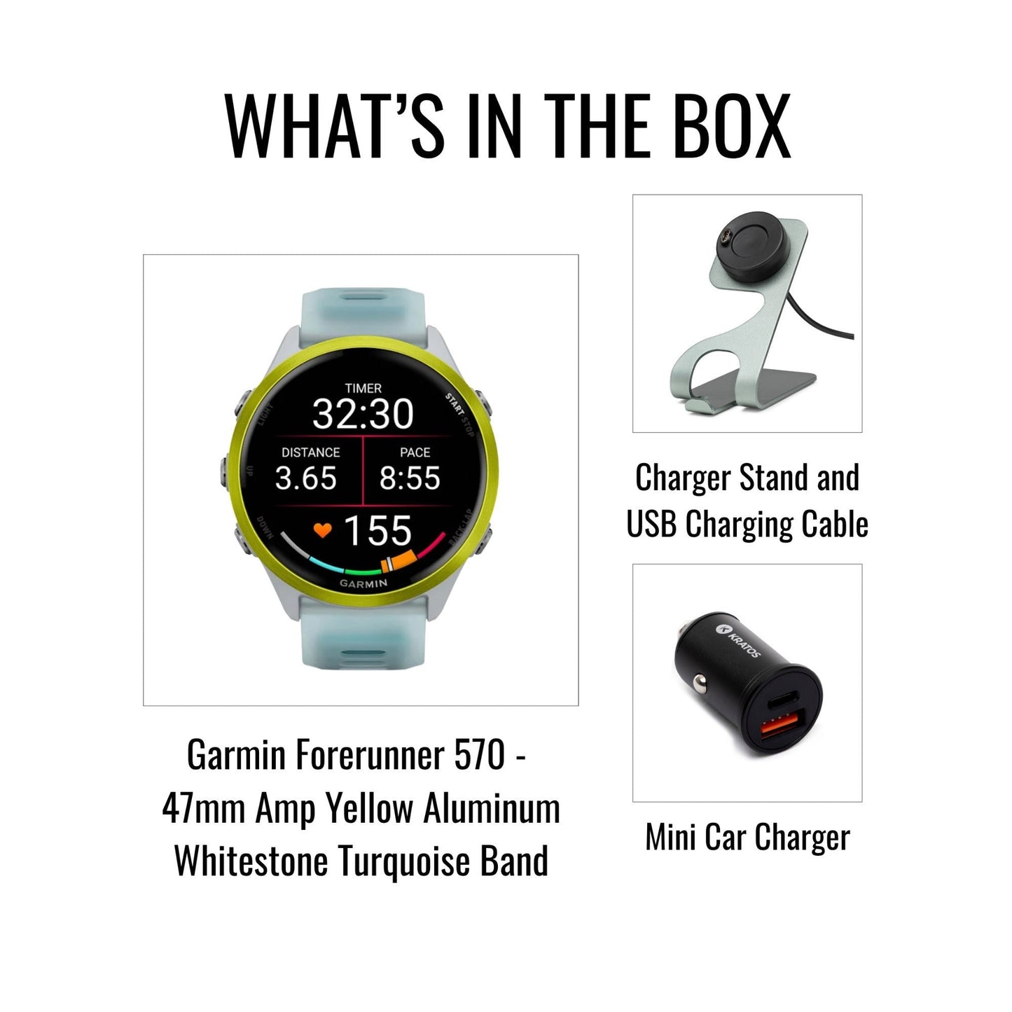 Garmin Forerunner 570 47mm Smartwatch (Amp Yellow/Whitestone Turquoise) and Accessories Bundle