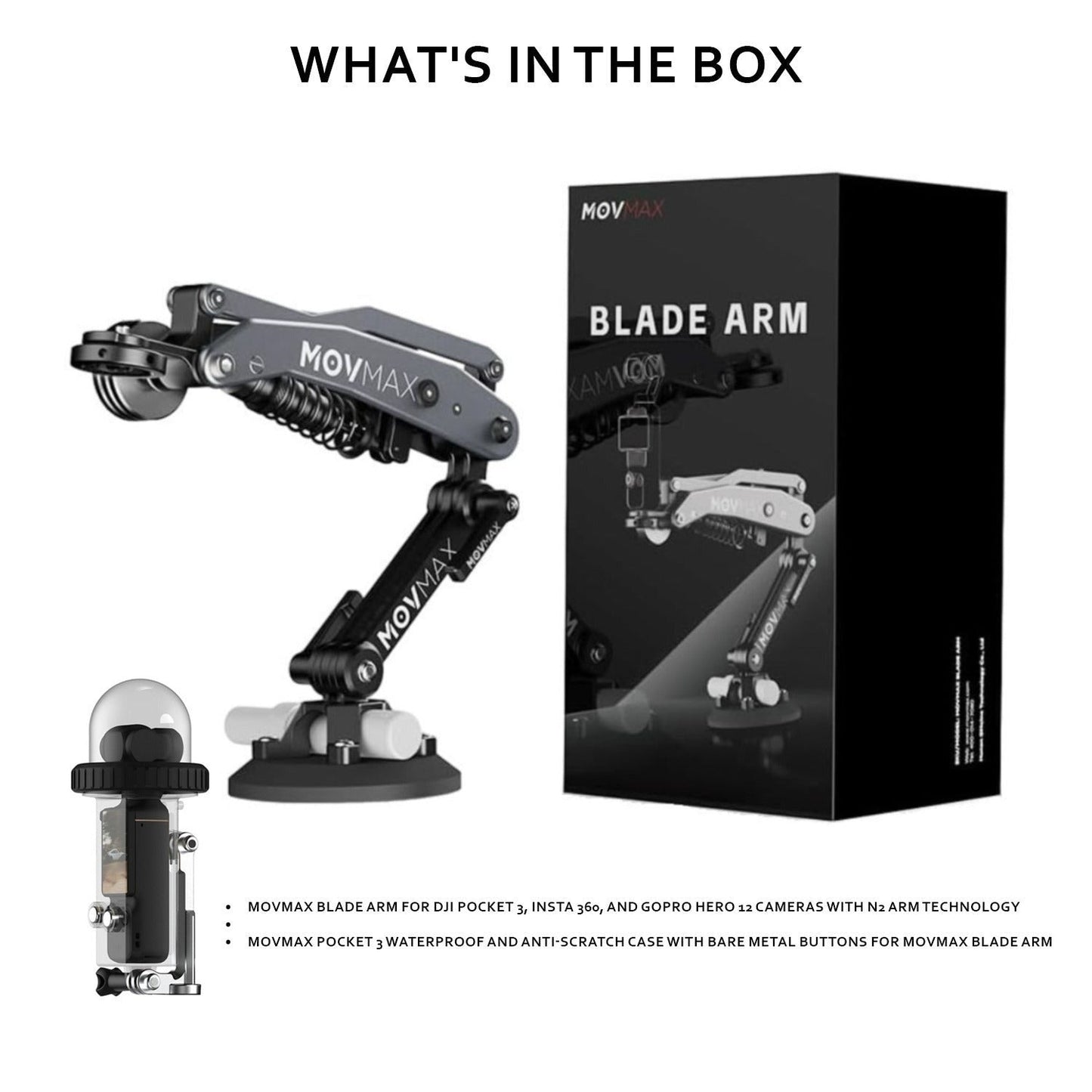 Movmax Blade Arm for DJI Pocket 3, Insta 360, and GoPro HERO 12 Cameras with Waterproof Case Bundle