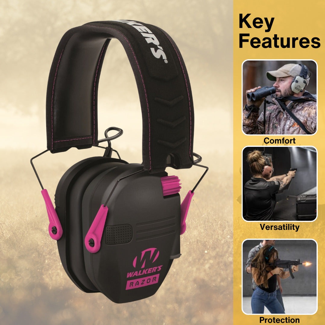 Walker's Razor Digital Ear Muffs (Black/Pink) with Accessories Bundle