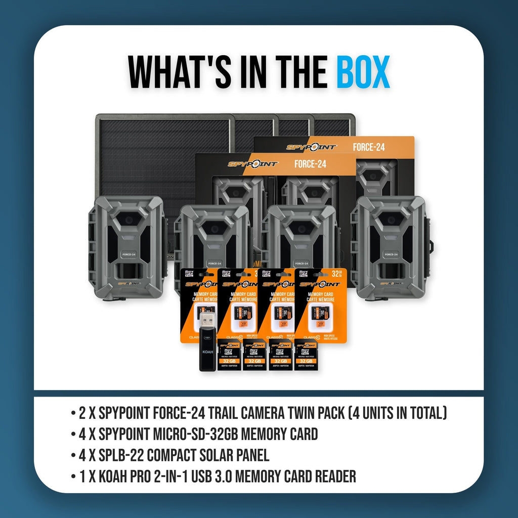 Spypoint Force-24MP Non-Cellular Trail Camera Bundle (4 Pack) with Accessories