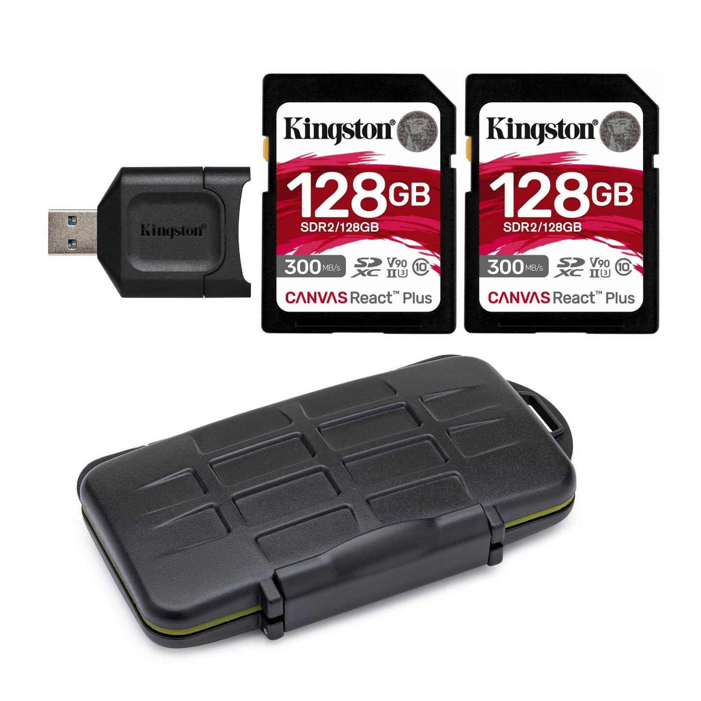 Kingston Canvas React Plus 128GB U3 V90 SDXC UHS-II SD Card (2-Pack) with Accessories Bundle