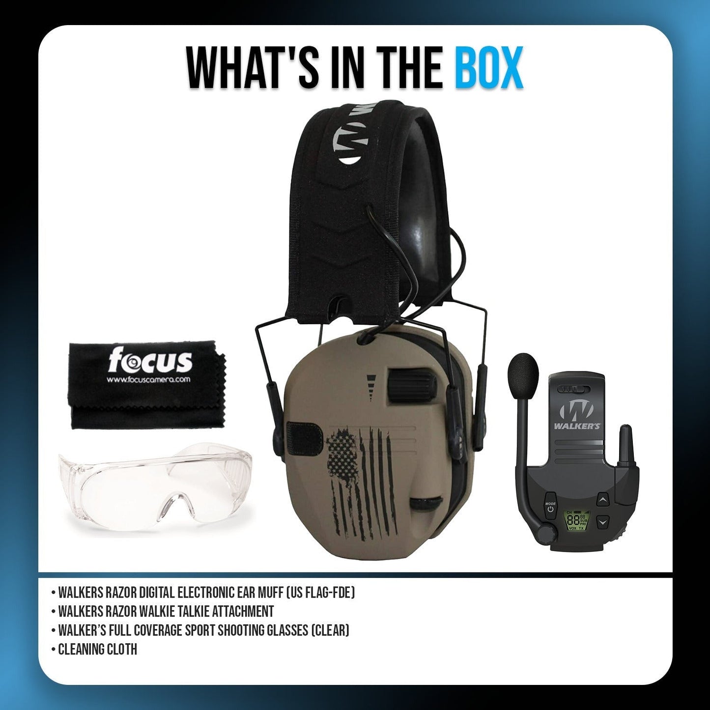 Walker's Razor Digital Ear Muffs (US Flag-FDE) with Walkie/Talkie Bundle