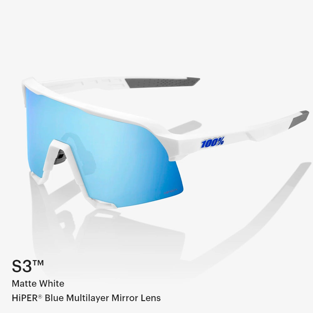 100% S3 Sunglasses Matte White HiPER Blue Lens