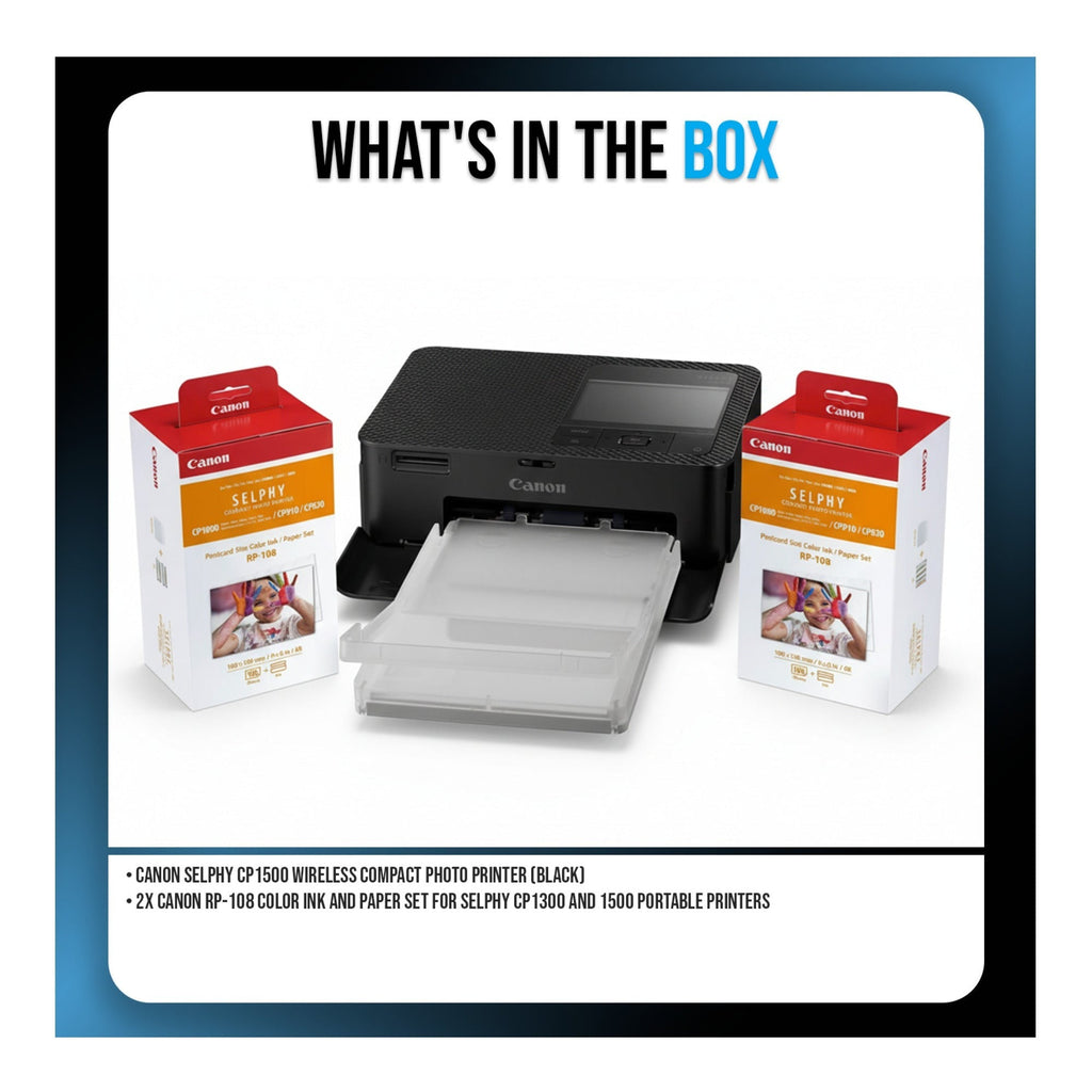 Canon CP1500 Compact Photo Printer (Black) Bundle with Color Ink and Paper Set