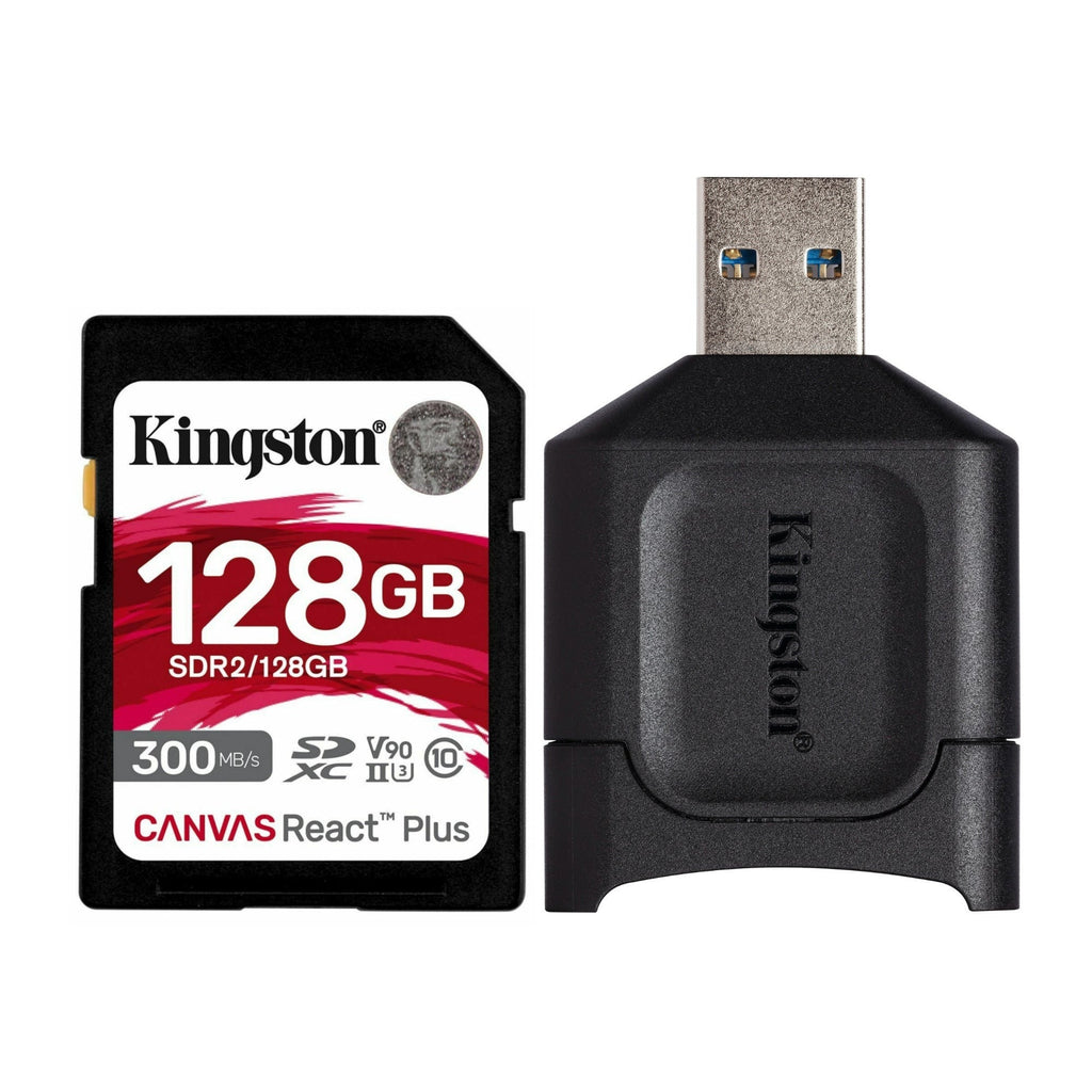 Kingston Canvas React Plus 128GB U3 V90 SDXC UHS-II SD Card and Kingston USB 3.2 SD Card Reader