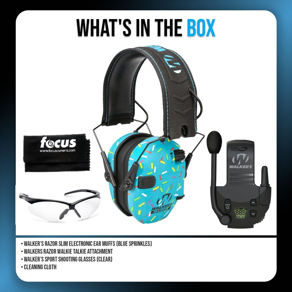Walker's Razor Digital Ear Muffs (Blue Sprinkles) Bundle with Accessories