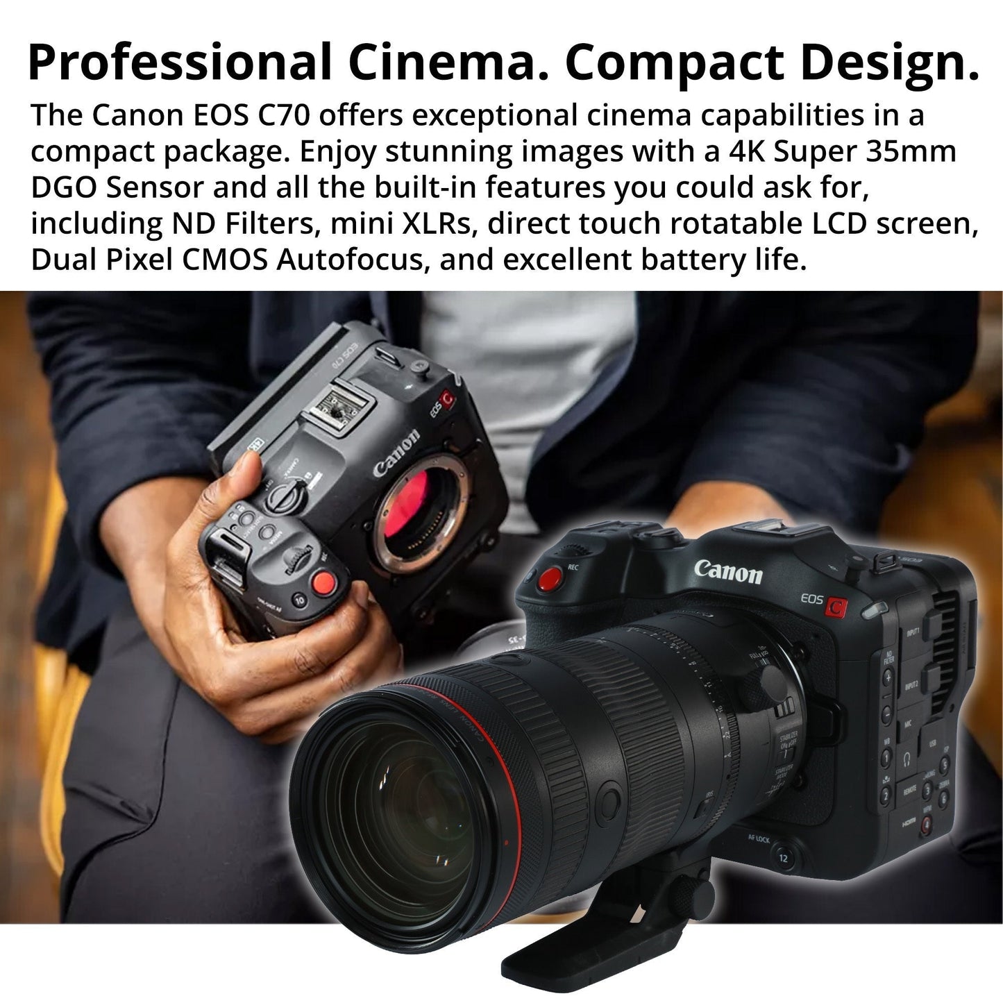 Canon EOS C70 Cinema Camera with 24-70mm & CN-R 35mm T1.5 Lenses & EF-EOS R 0.71x Mount Adapter Pro