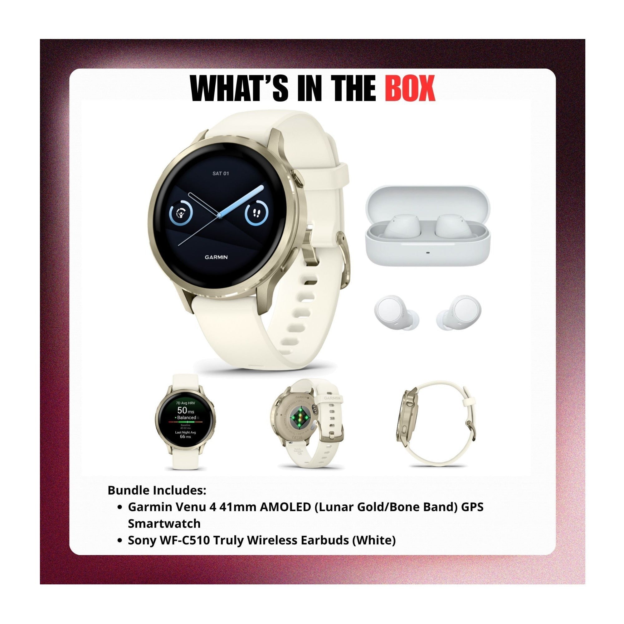 Garmin Venu 4 41mm AMOLED (Lunar Gold/Bone) GPS Smartwatch with Earbuds Bundle