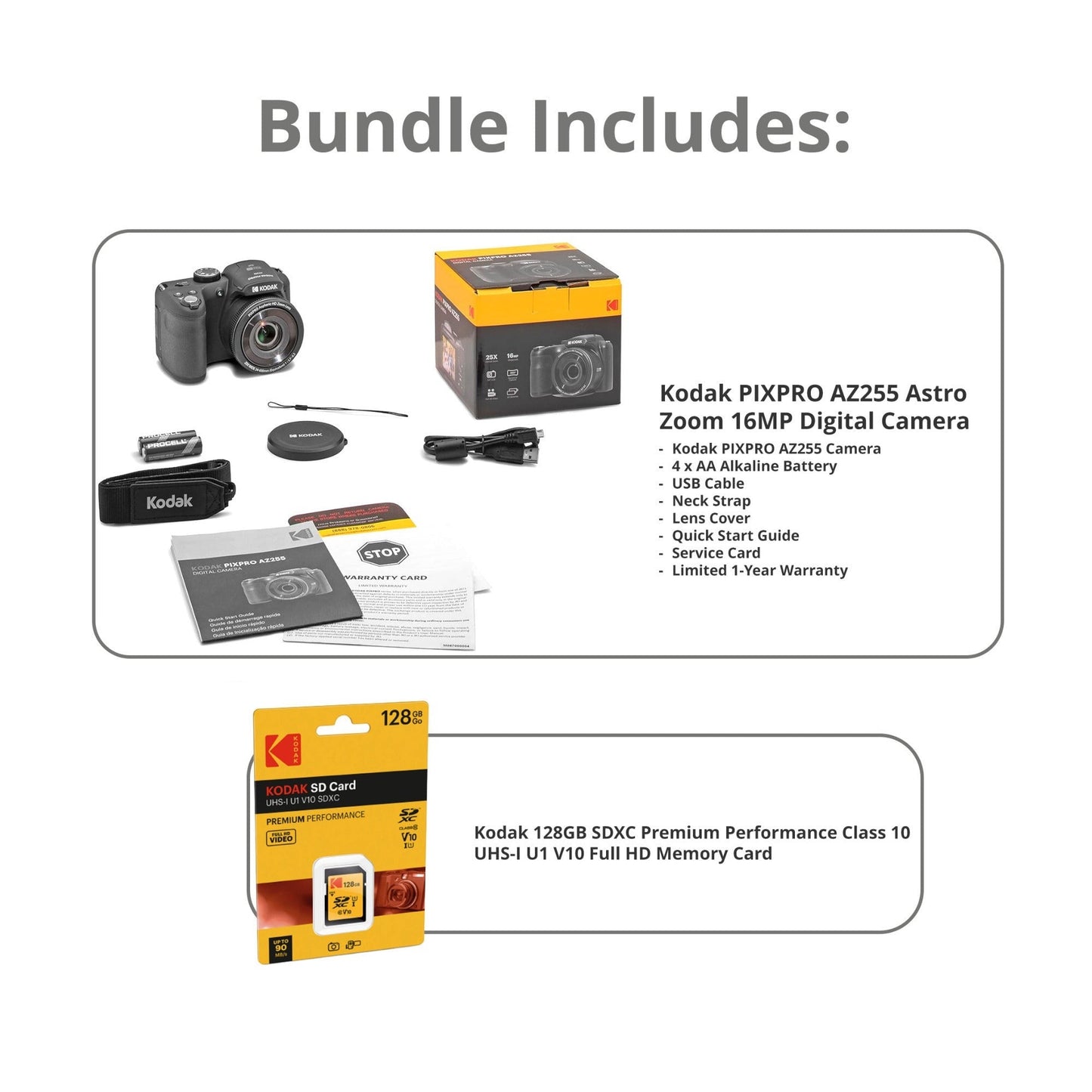 Kodak PIXPRO AZ255 Astro Zoom 16MP Digital Camera (Black) with 128GB SDXC Card