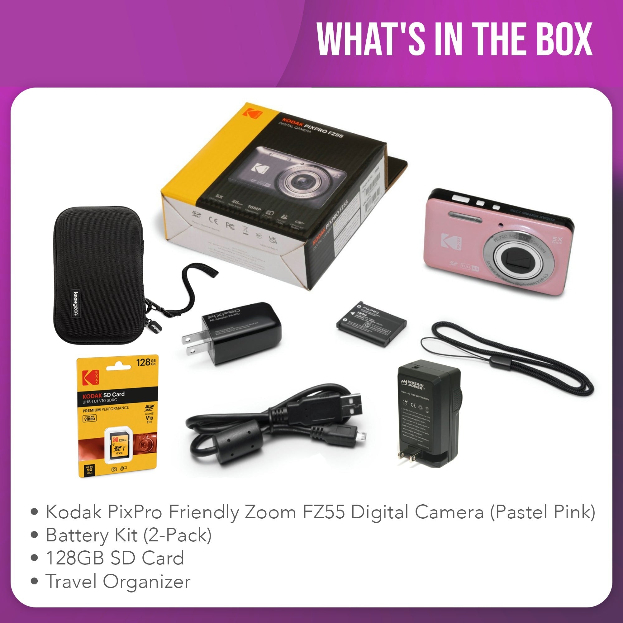 Kodak PixPro Friendly Zoom FZ55 16MP FHD Digital Camera (Pastel Pink) Bundle