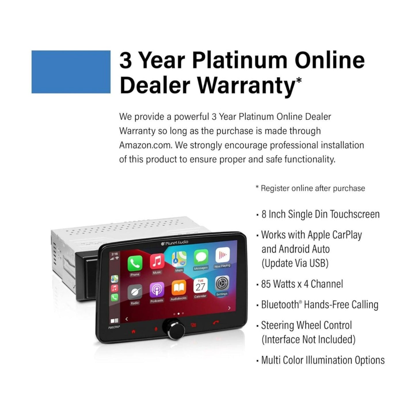 Planet Audio P80CPAP Single-DIN Mech-Less Car Stereo System with 8-Inch Touchscreen and Android Auto