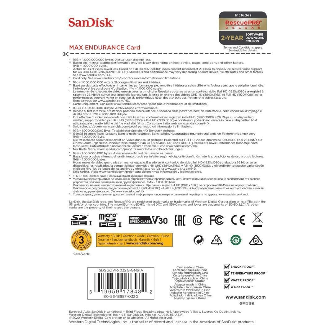 SanDisk 32GB MAX Endurance MicroSDHC Card with Adapter, 100MBPS Read Speed, and 40MBPS Write Speed