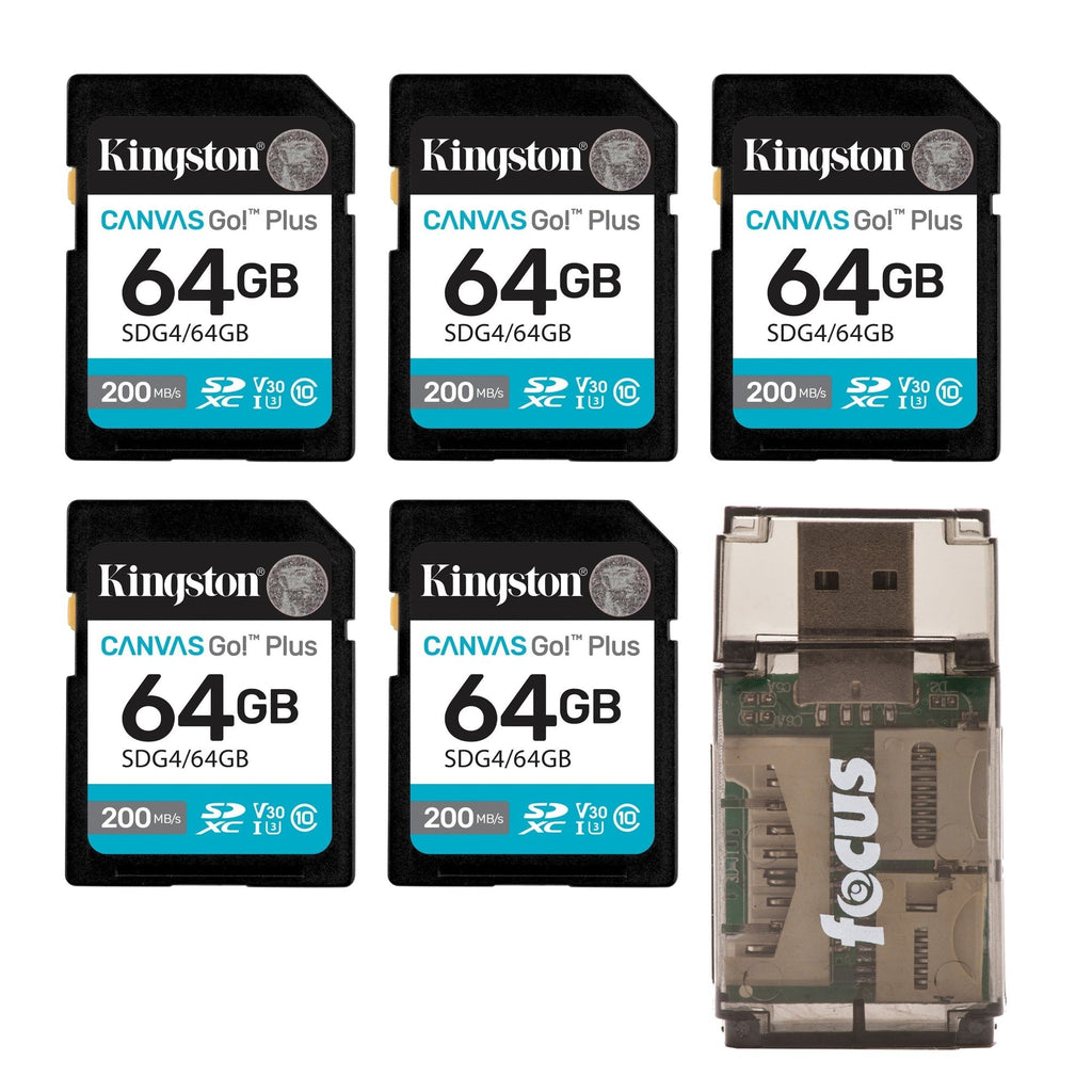 Kingston Canvas Go Plus 64GB Gen4 Memory Card (5-Pack) with Card Reader Bundle