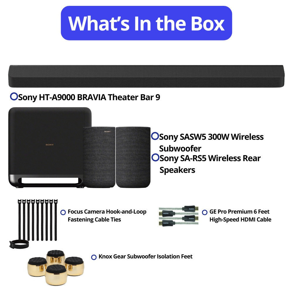 Sony HT-A9000 BRAVIA Theater Bar 9 with Dolby Atmos with Sony SA-RS5 Wireless Rear Speakers with Built-in Battery and Sony SASW5 300W Wireless Subwoofer bundle