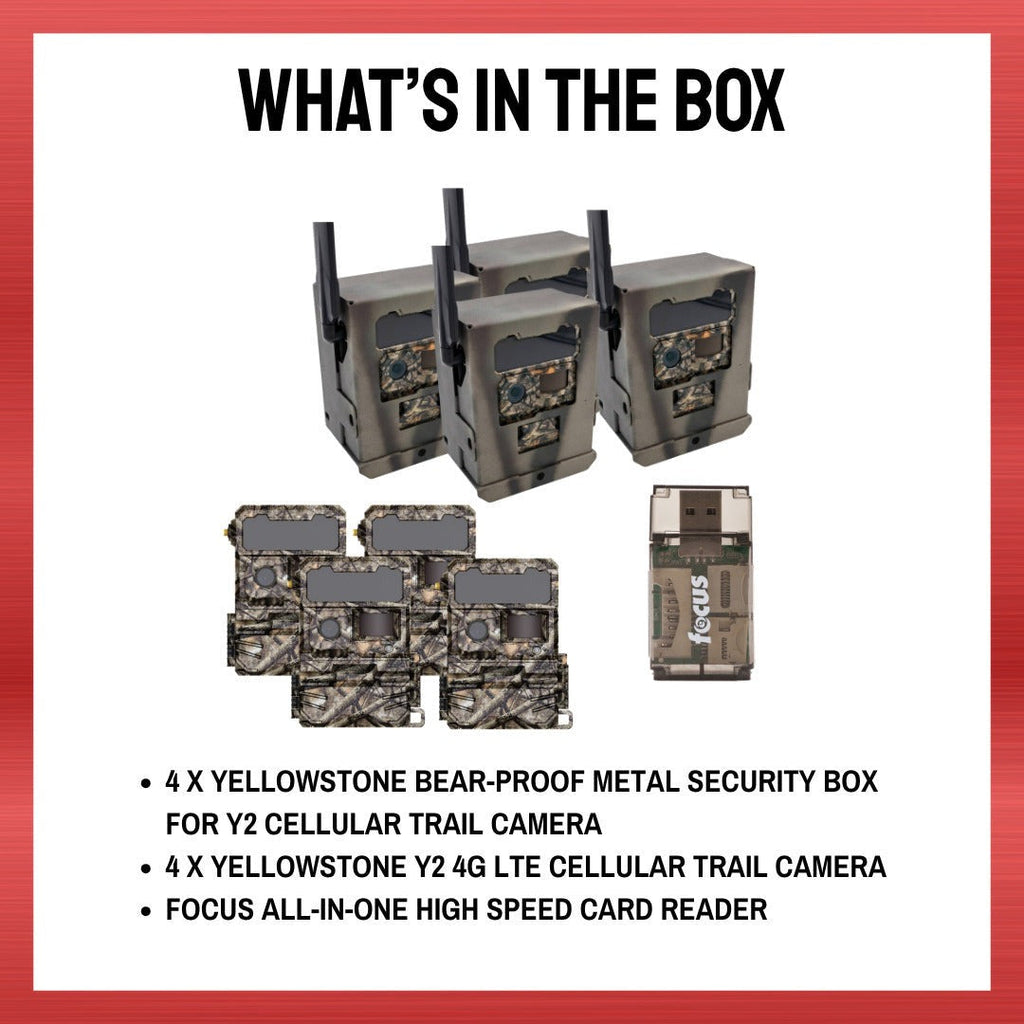 Yellowstone Y2 Cellular Trail Camera (4 Pack) with Security Box and Card Reader