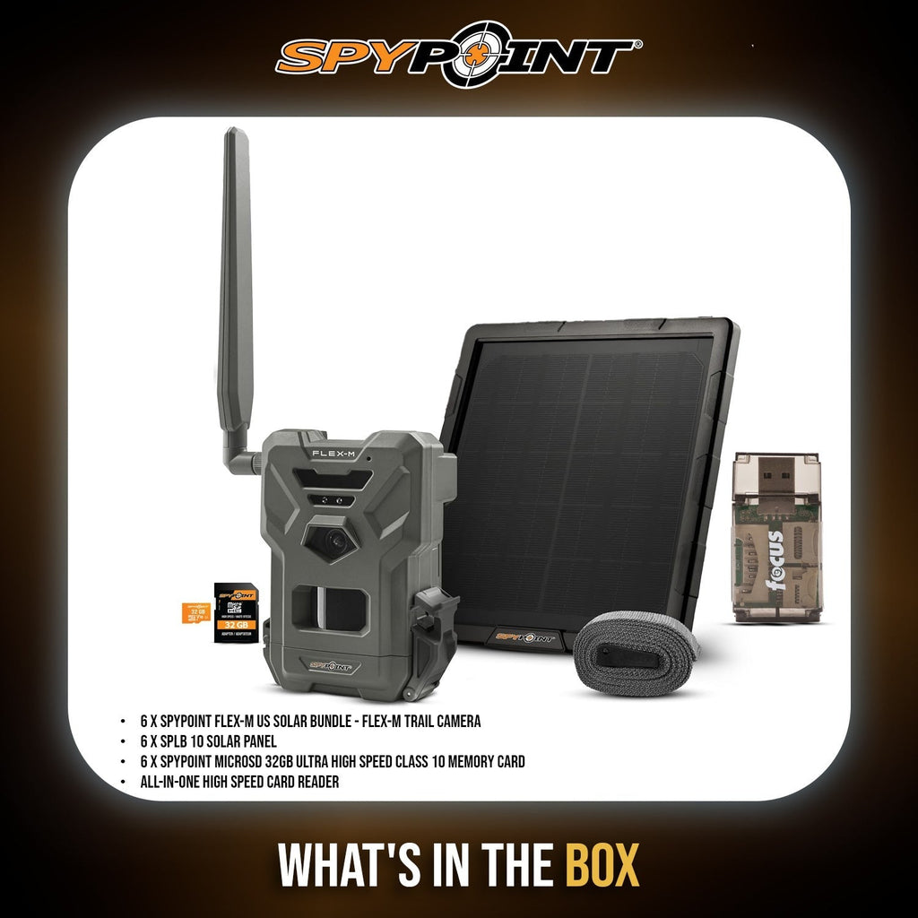 Spypoint FLEX-M Trail Camera, SPLB-10 Solar Panel with Accessories (6 Pack)