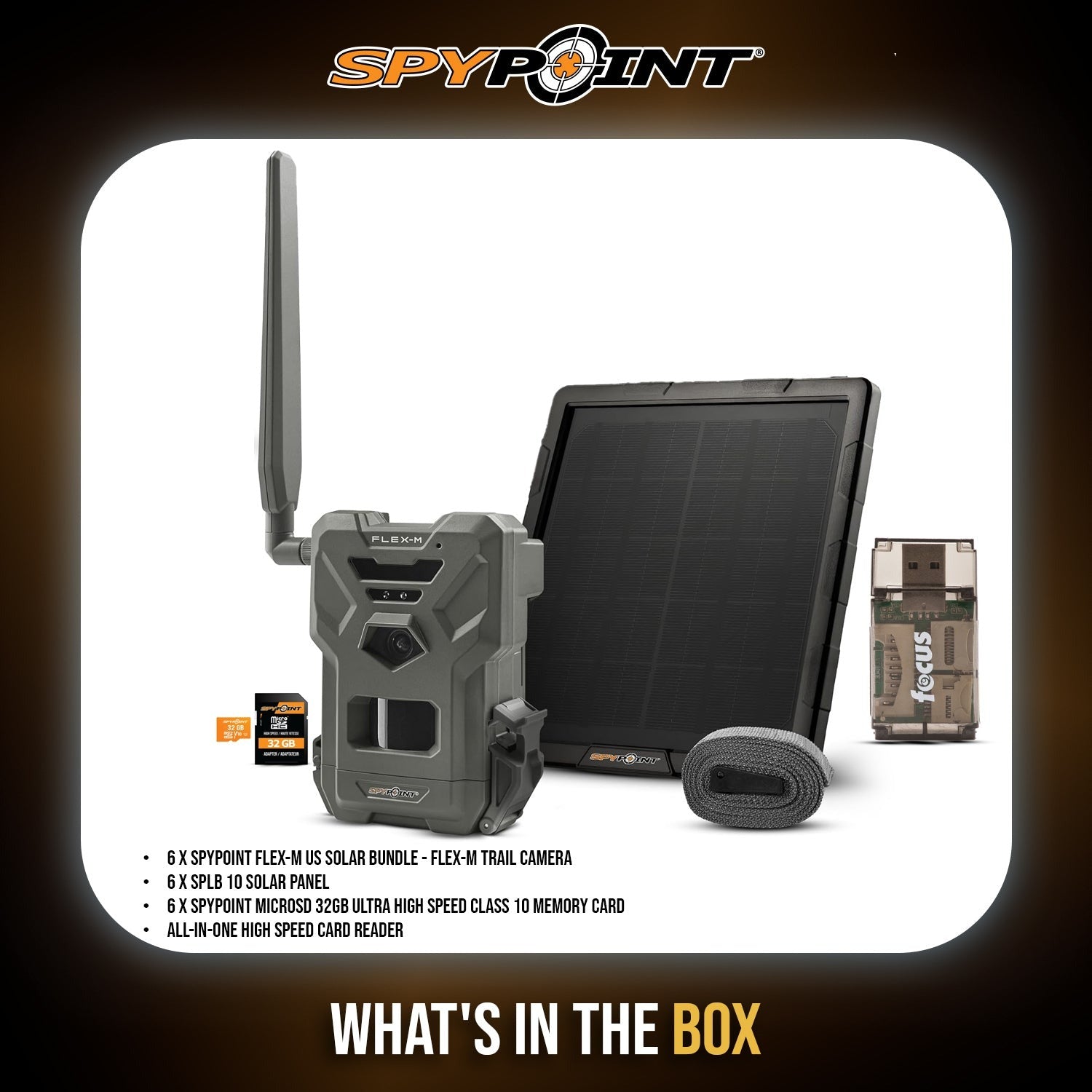 Spypoint FLEX-M Trail Camera, SPLB-10 Solar Panel with Accessories (6 Pack)
