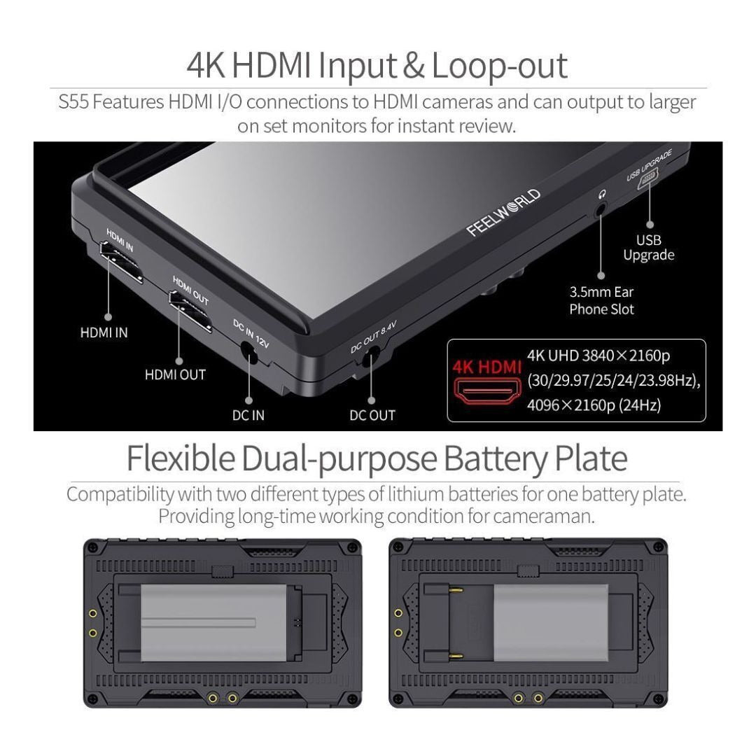 FeelWorld S55 V2 5.5-Inch Camera DSLR Field Monitor with 4K HDMI Input and Output Without Delay
