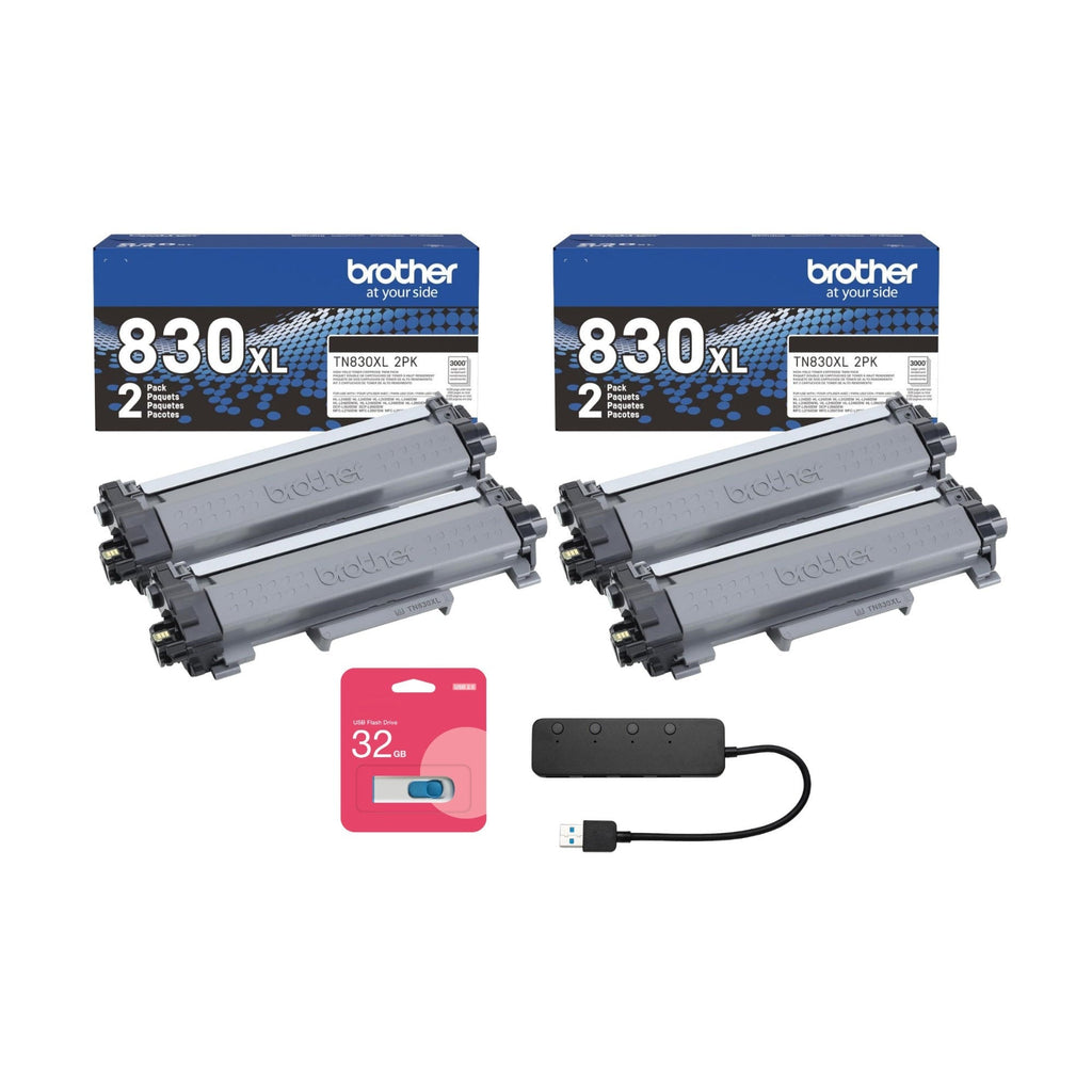 Brother ATN830XL Black High-Yield Toner Cartridge 4-Pack Bundle with 4-Port USB Hub and Flash Drive