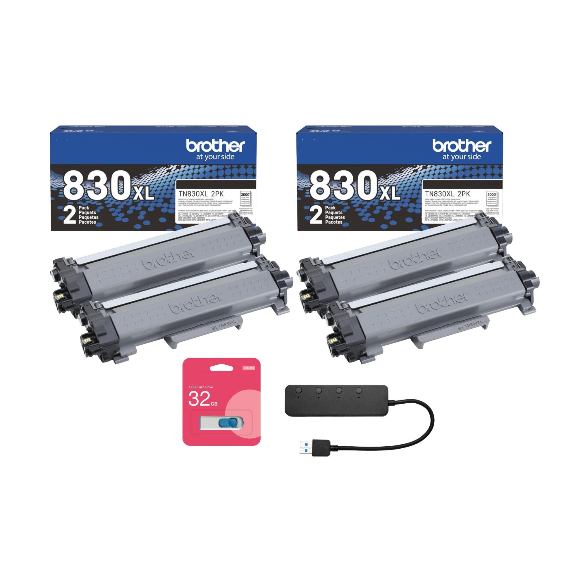 Brother ATN830XL Black High-Yield Toner Cartridge 4-Pack Bundle with 4-Port USB Hub and Flash Drive