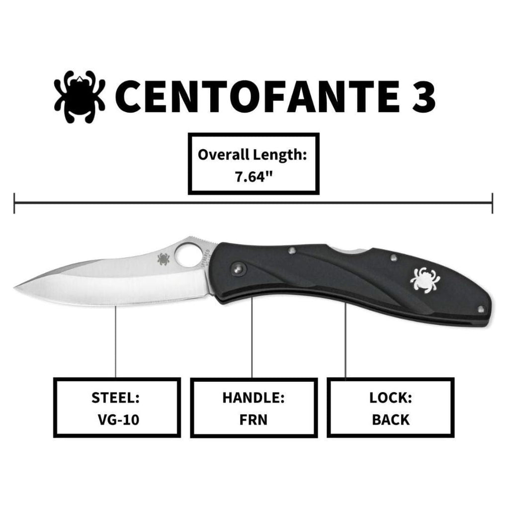 Spyderco Centofante 3 VG-10 Steel Hollow Ground Blade Knife with Thin-Profile FRN Handle (Black)