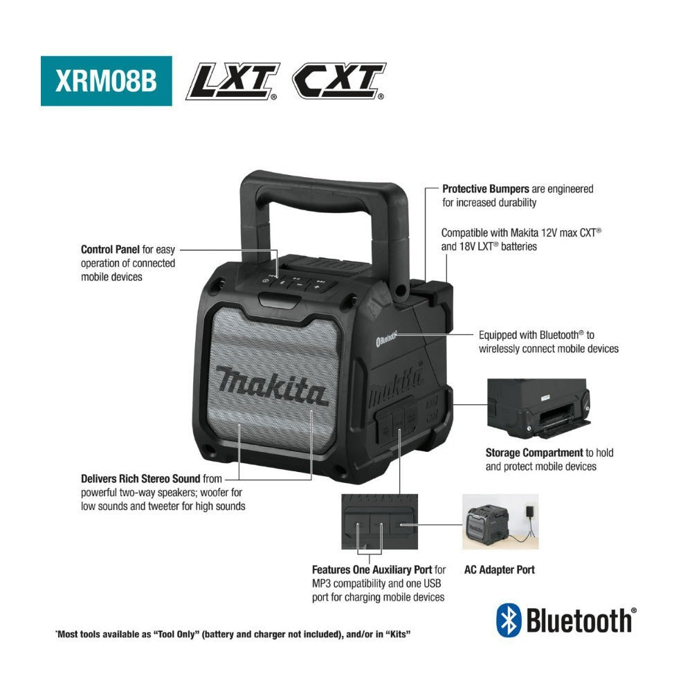 Makita XRM08B 18V LXT or 12V Max CXT Li Ion Cordless Bluetooth Job Site Speaker