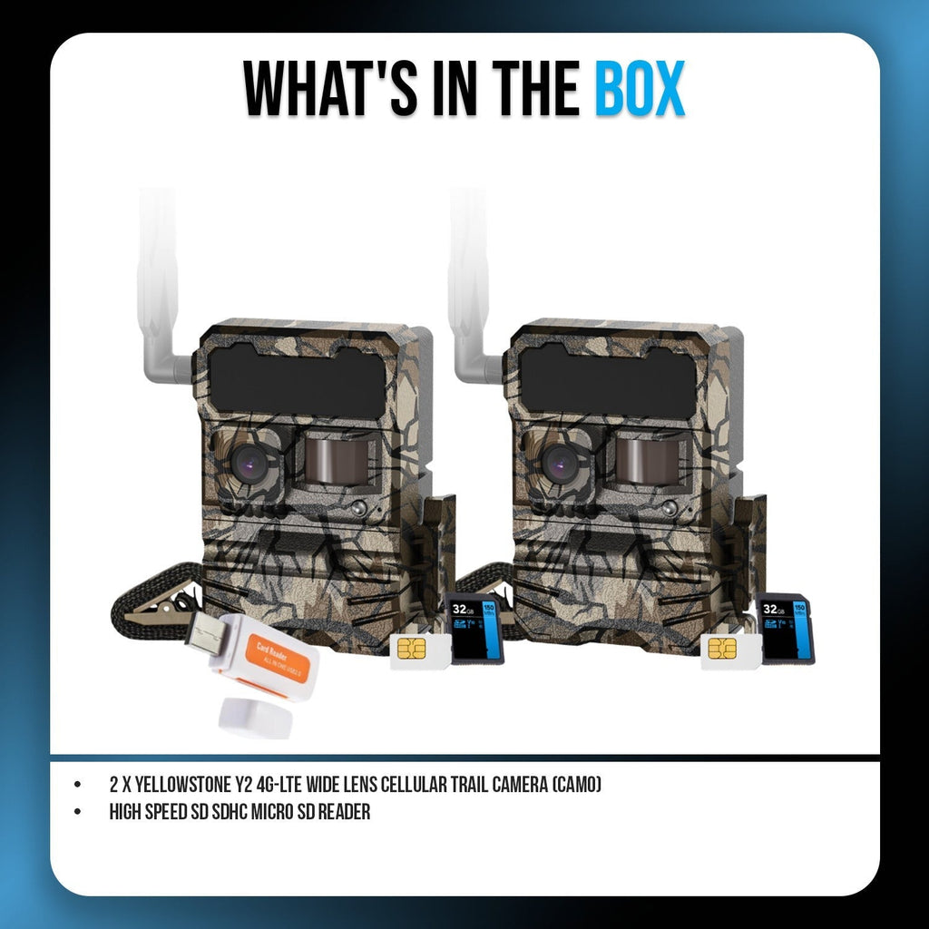 Yellowstone Y2 4G-LTE Wide Lens Cellular Trail Camera (2-Pack) Bundle with Card Reader