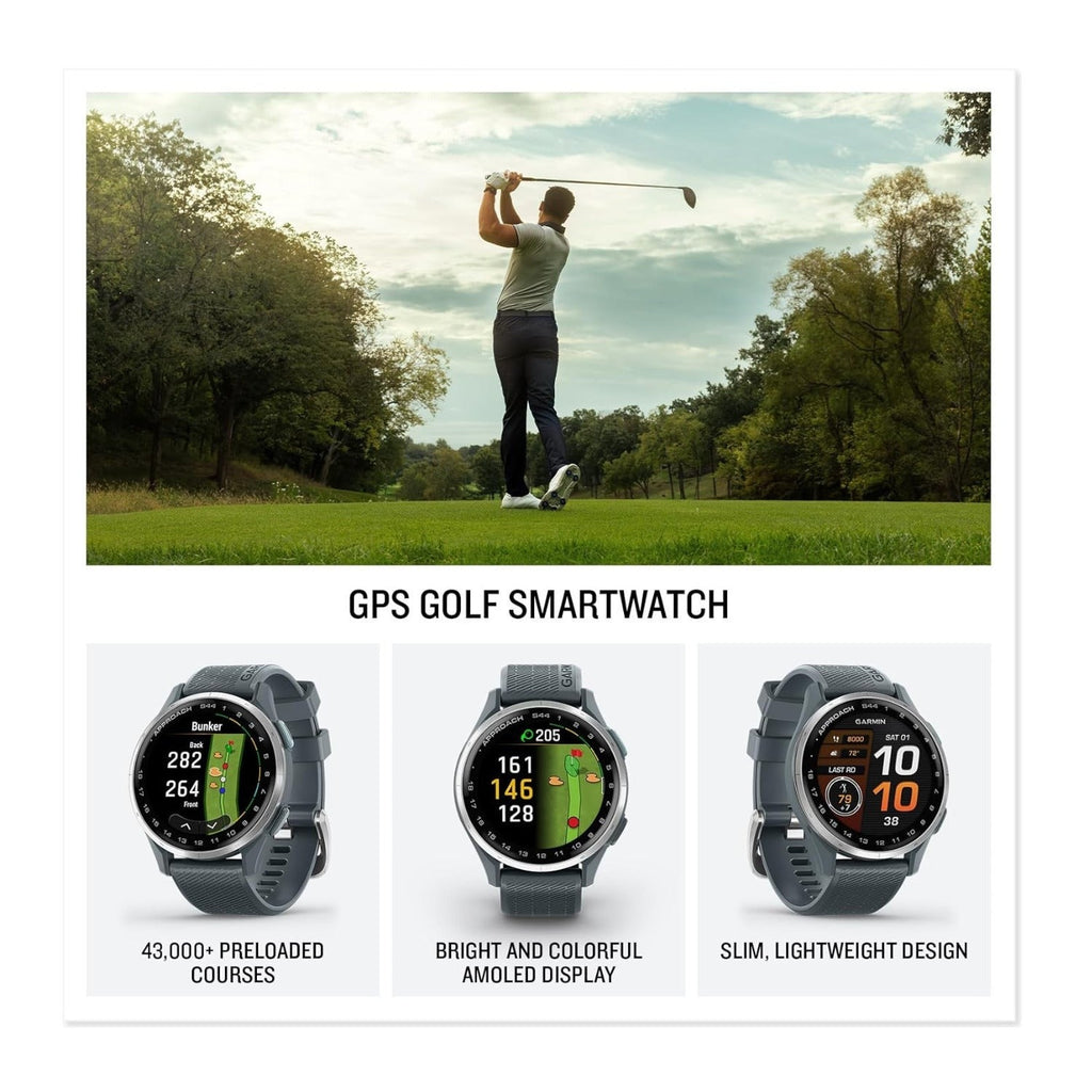 Garmin Approach S44 GPS Golf Smartwatch (Silver Bezel/Twilight Band) Bundle with T710 Earbuds