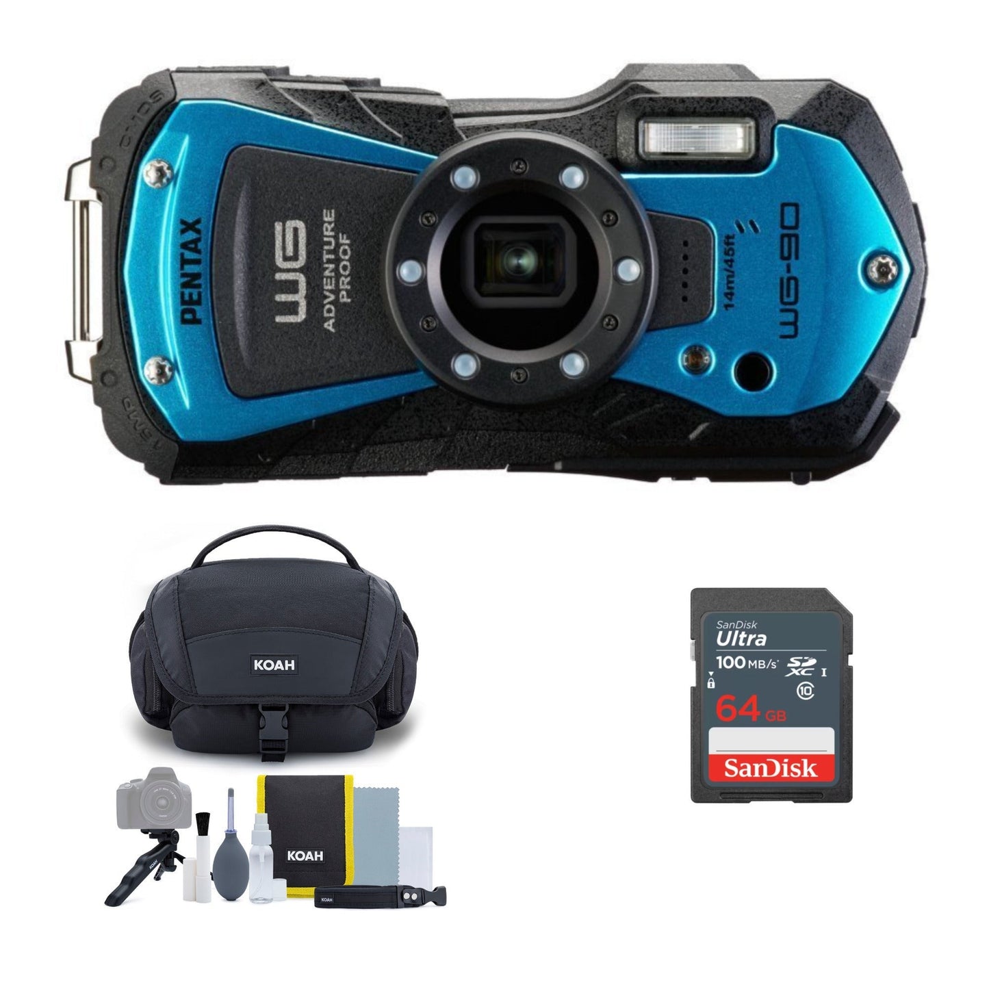 PENTAX WG-90 Compact Camera, Blue w. Accessory Cleaning Kit Bag and SanDisk 64GB Ultra SDXC UHS-I Memory Card
