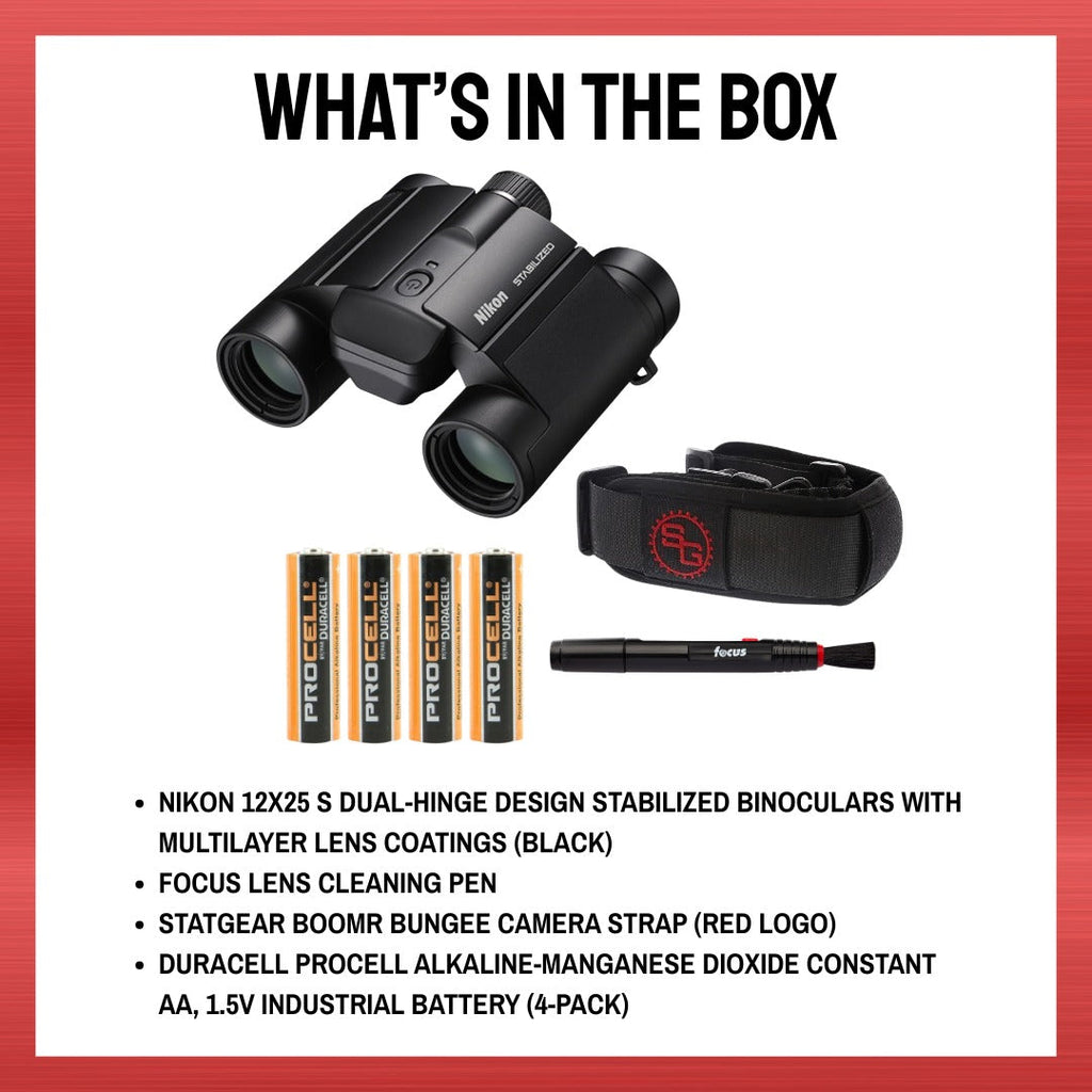 Nikon 12x25 S Stabilized Binoculars with Accessories Bundle