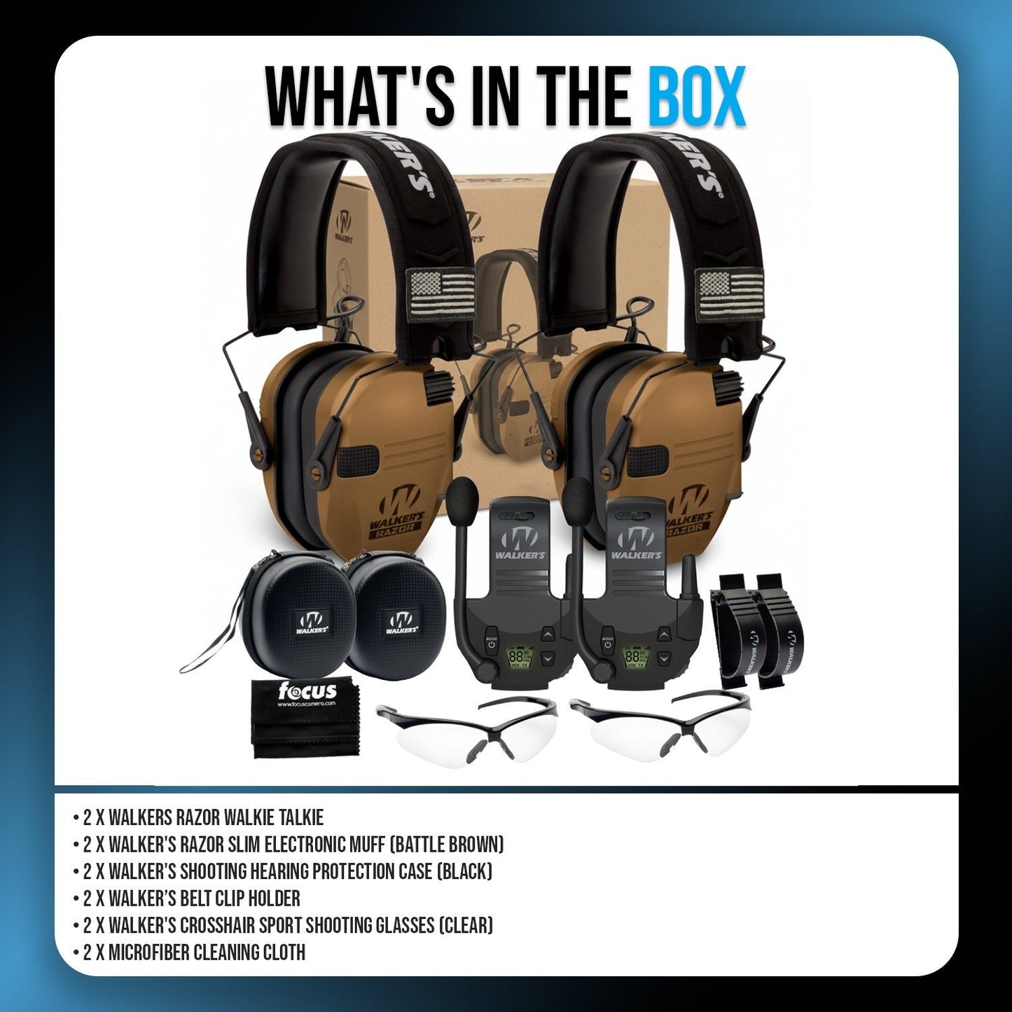Walkers Razor Walkie Talkie Bundle with Ear Muff (Battle Brown) and Accessories