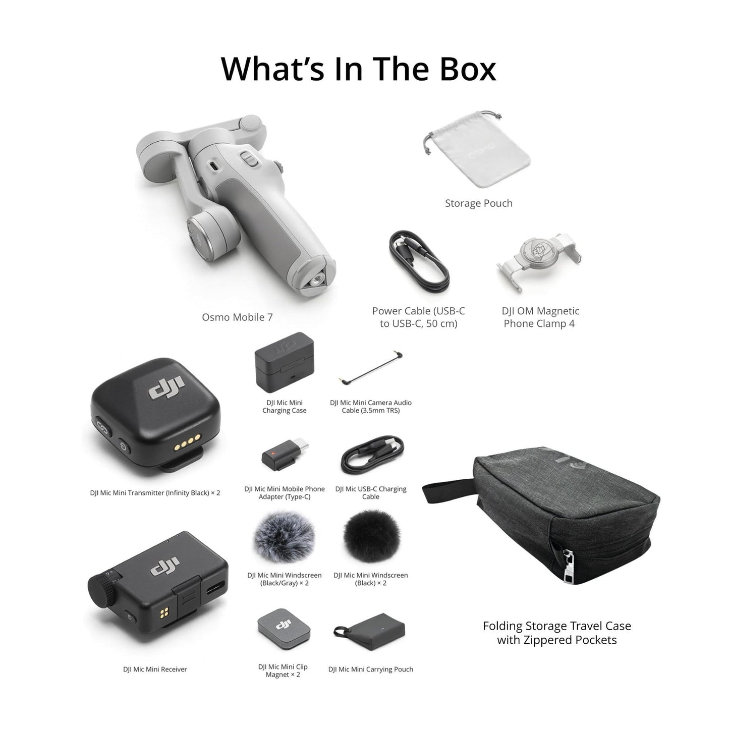 DJI Osmo Mobile 7 Gimbal with DJI Mic Mini (2 TX + 1 RX + Charging Case) and Folding Travel Case
