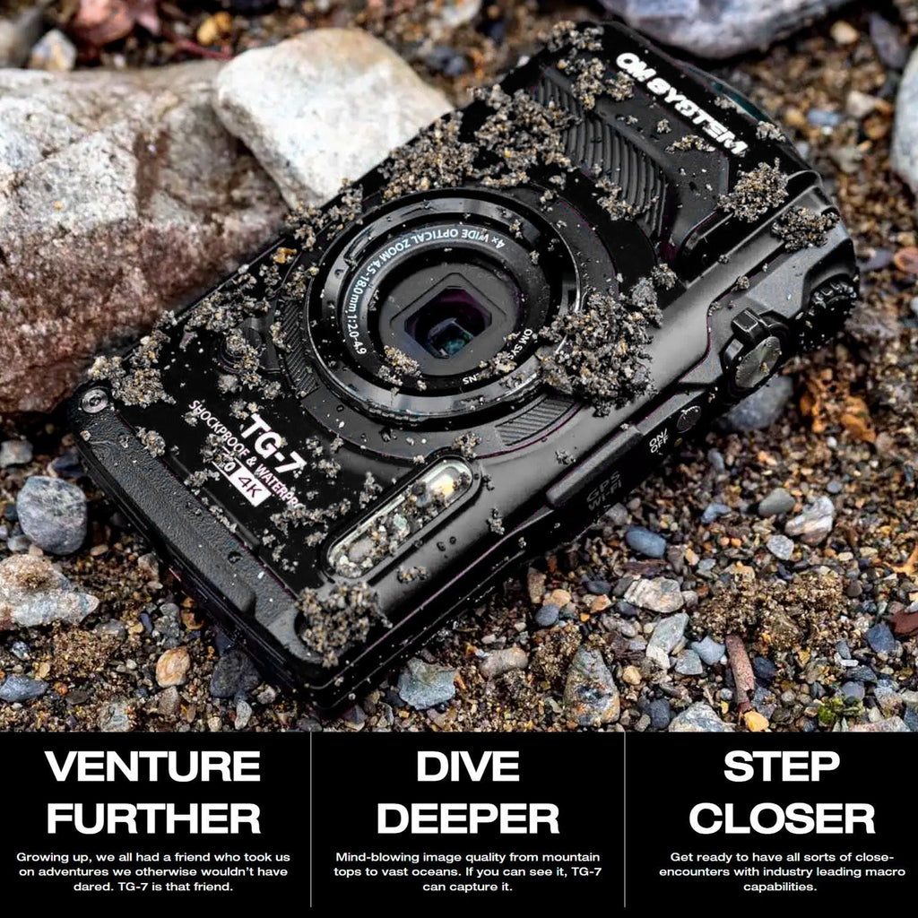 OM SYSTEM Tough TG-7 Digital Camera (Black) Bundle with 128GB Memory Card, Battery and Accessories
