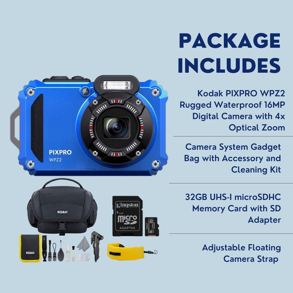 Kodak PIXPRO WPZ2 Rugged Waterproof 16MP Digital Camera with 4x Optical Zoom (Blue) Bundle