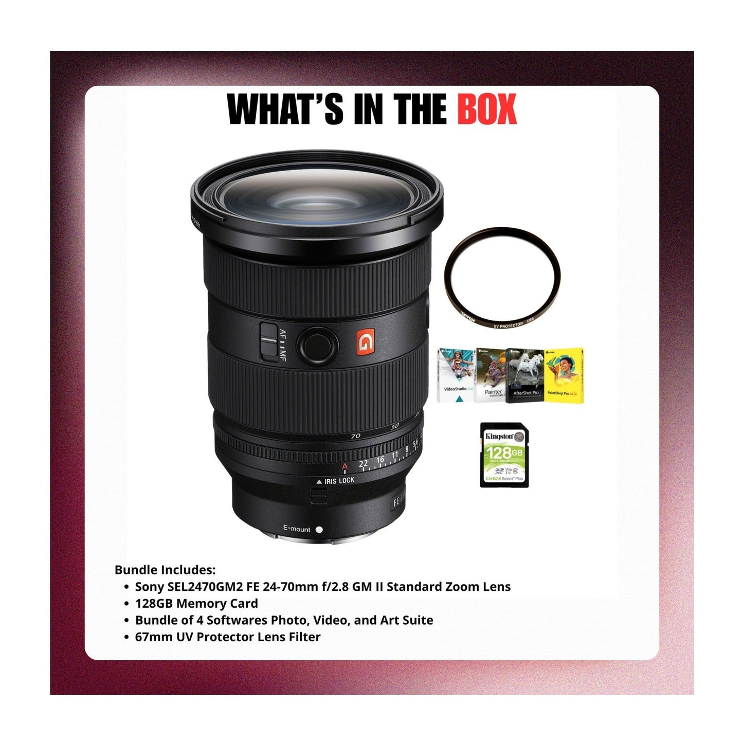 Sony FE 24-70mm f/2.8 GM II Lens Bundle with 128GB Card, Filter & Softwares